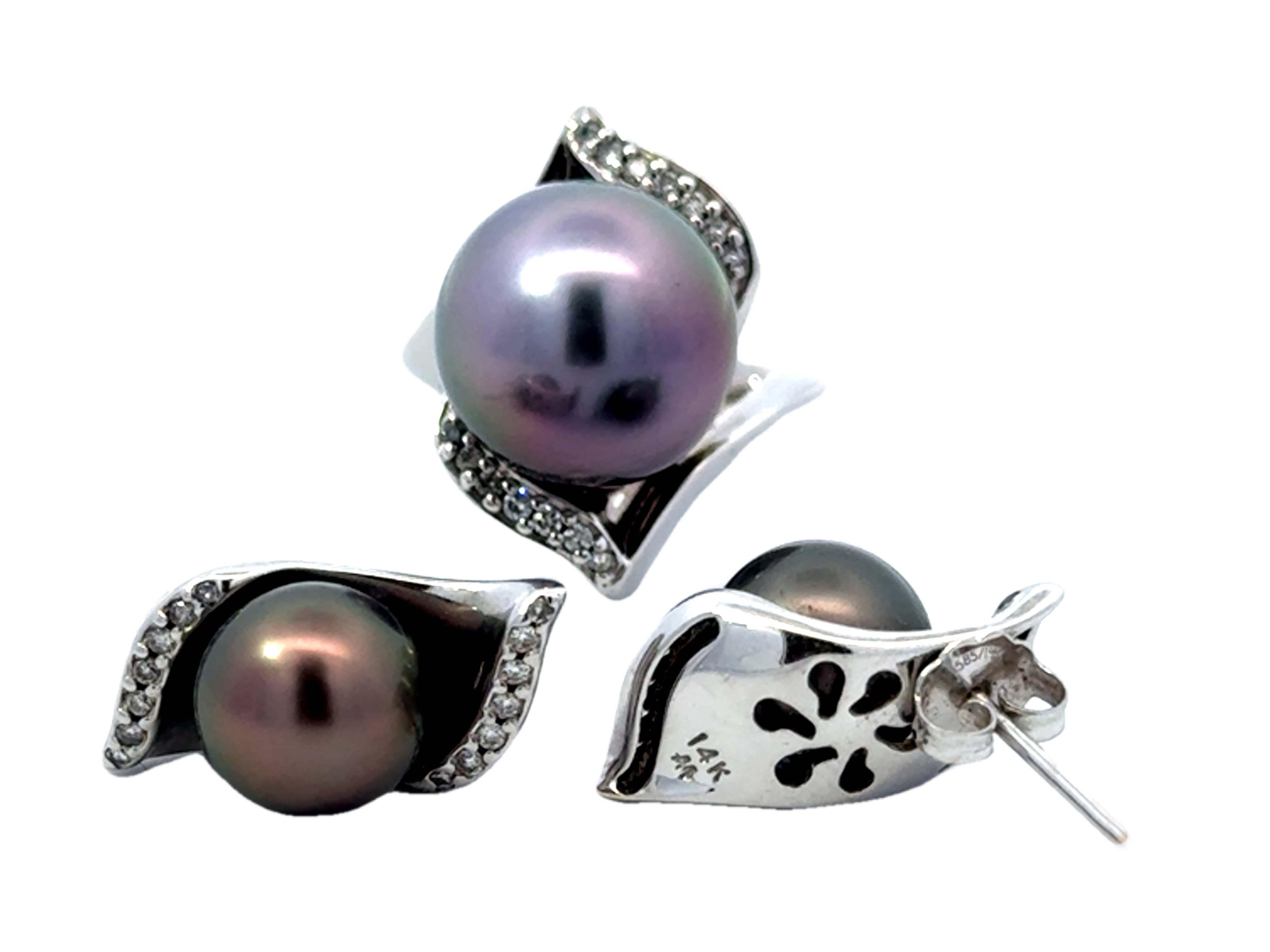 Round Cut Tahitian Pearl Diamond Ring and Matching Earrings Set 14K White Gold For Sale