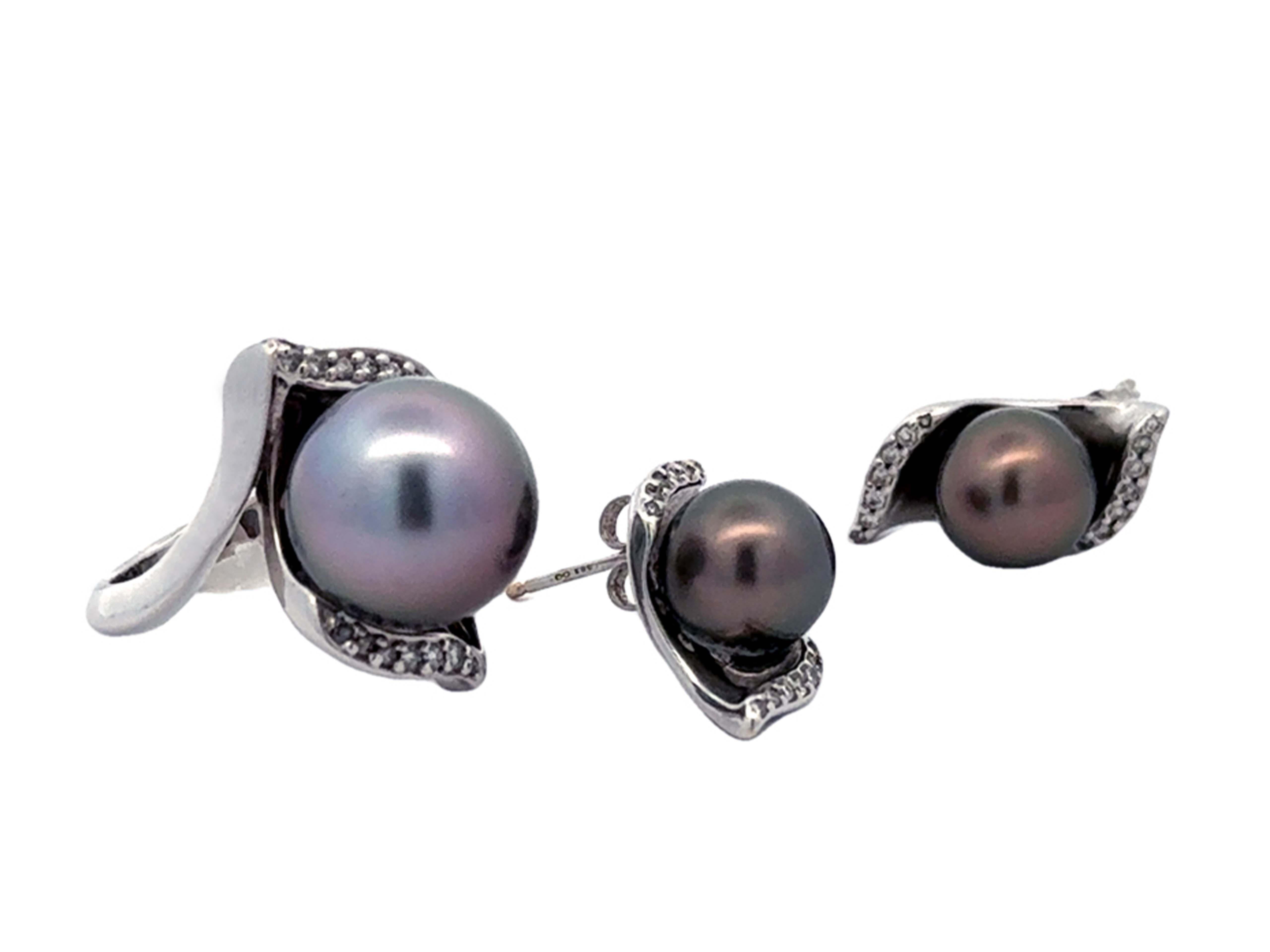 Tahitian Pearl Diamond Ring and Matching Earrings Set 14K White Gold In Excellent Condition For Sale In Honolulu, HI