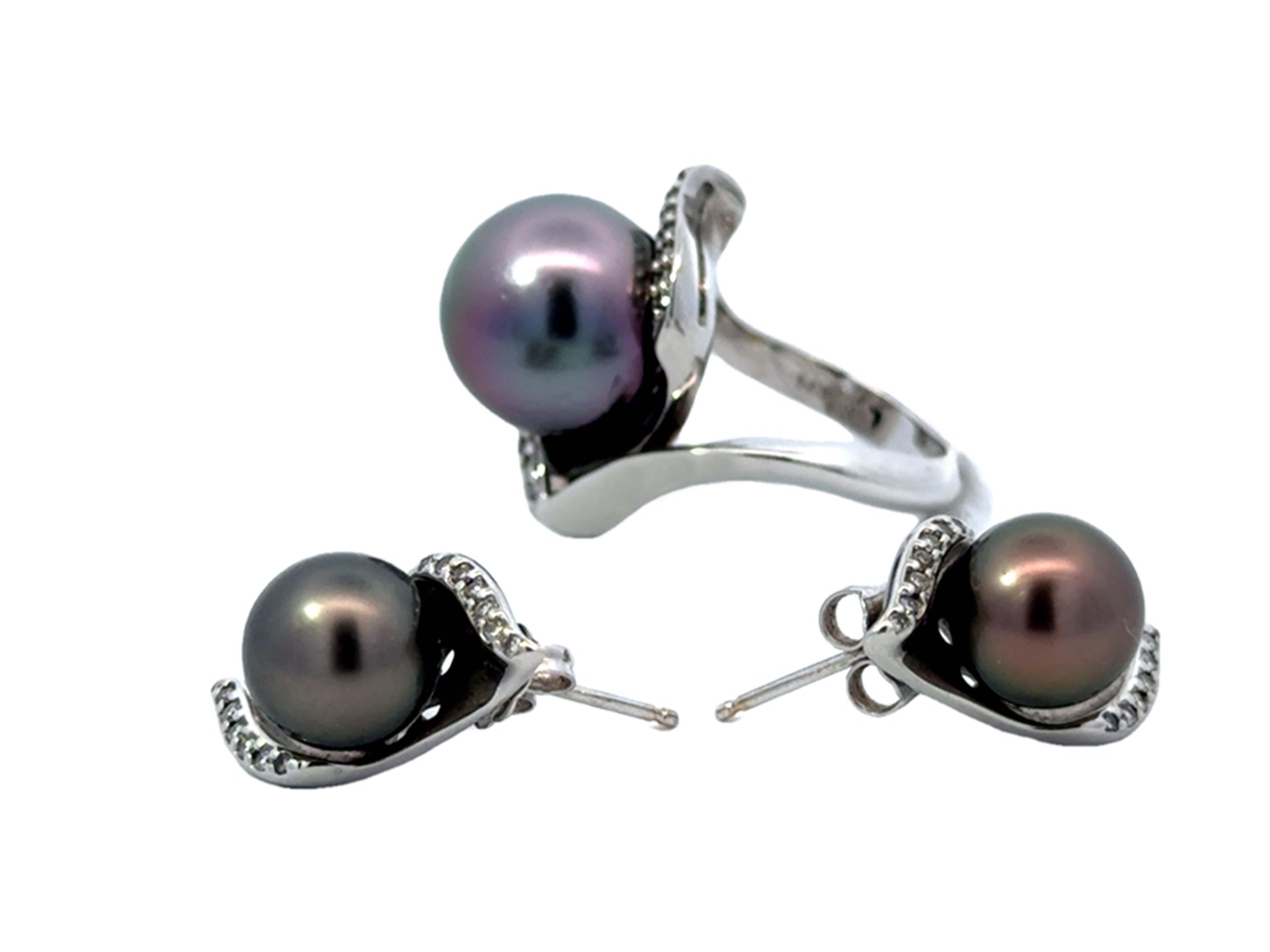 Women's Tahitian Pearl Diamond Ring and Matching Earrings Set 14K White Gold For Sale