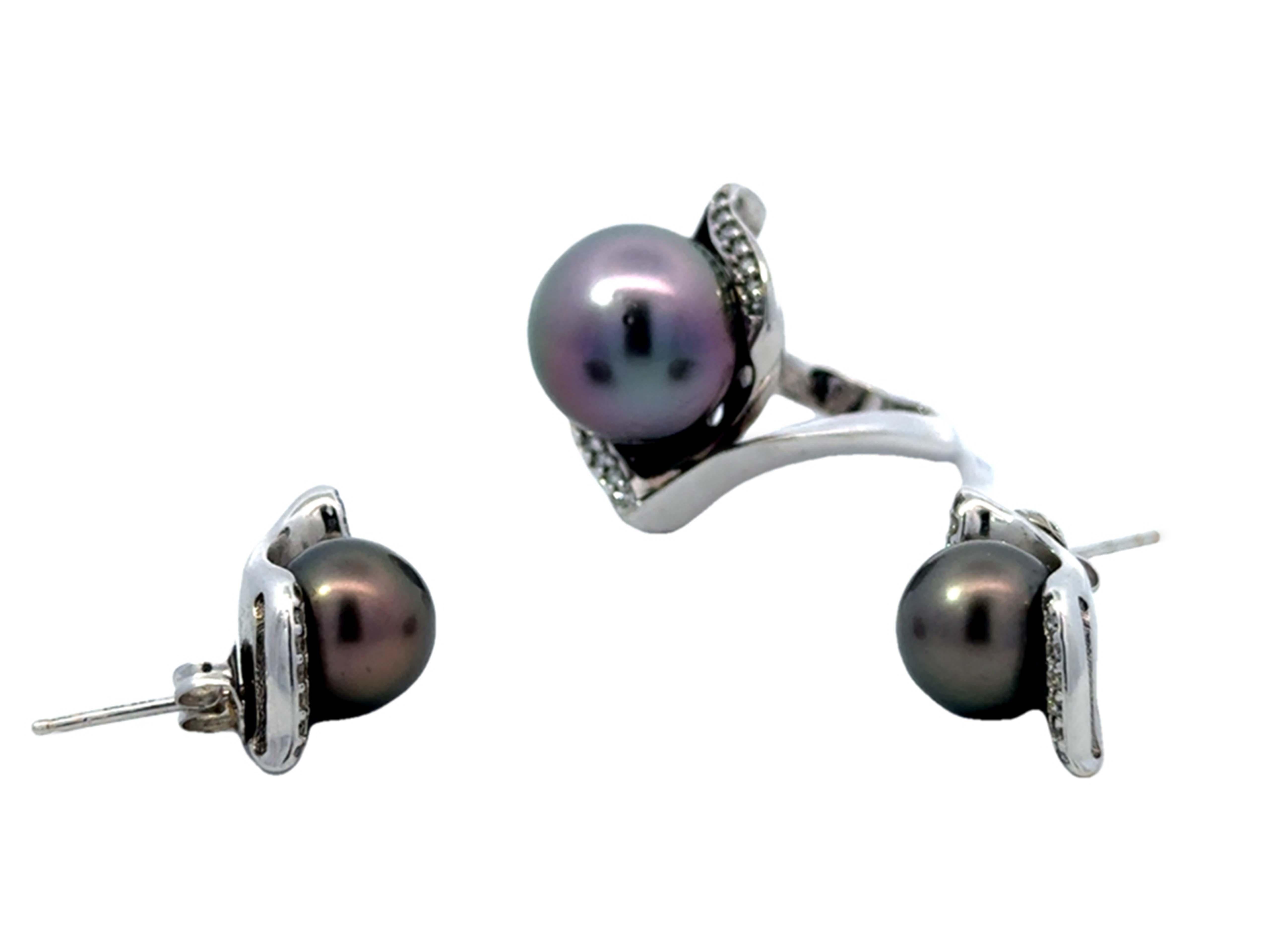 Tahitian Pearl Diamond Ring and Matching Earrings Set 14K White Gold For Sale 1