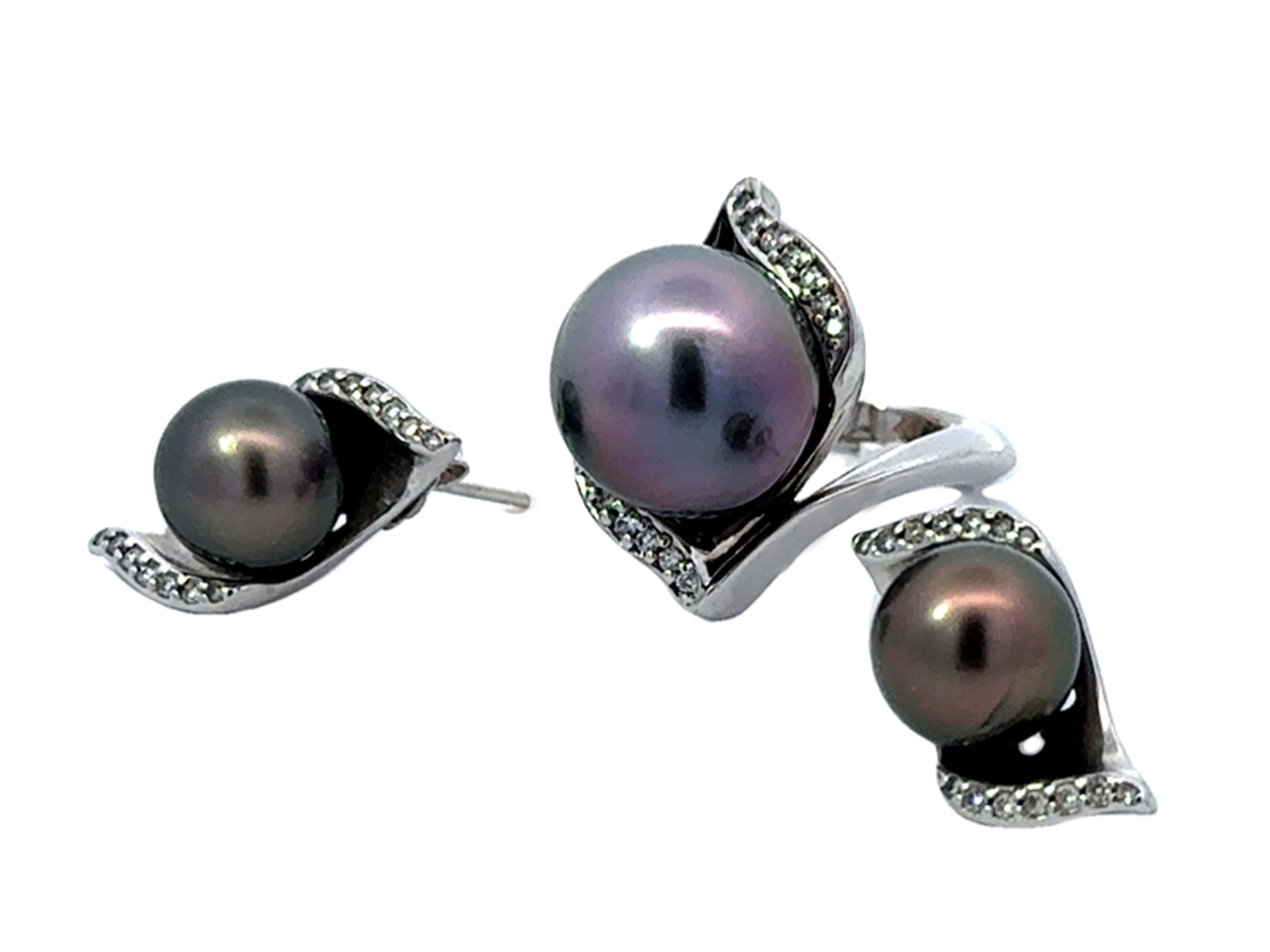 Tahitian Pearl Diamond Ring and Matching Earrings Set 14K White Gold For Sale 2