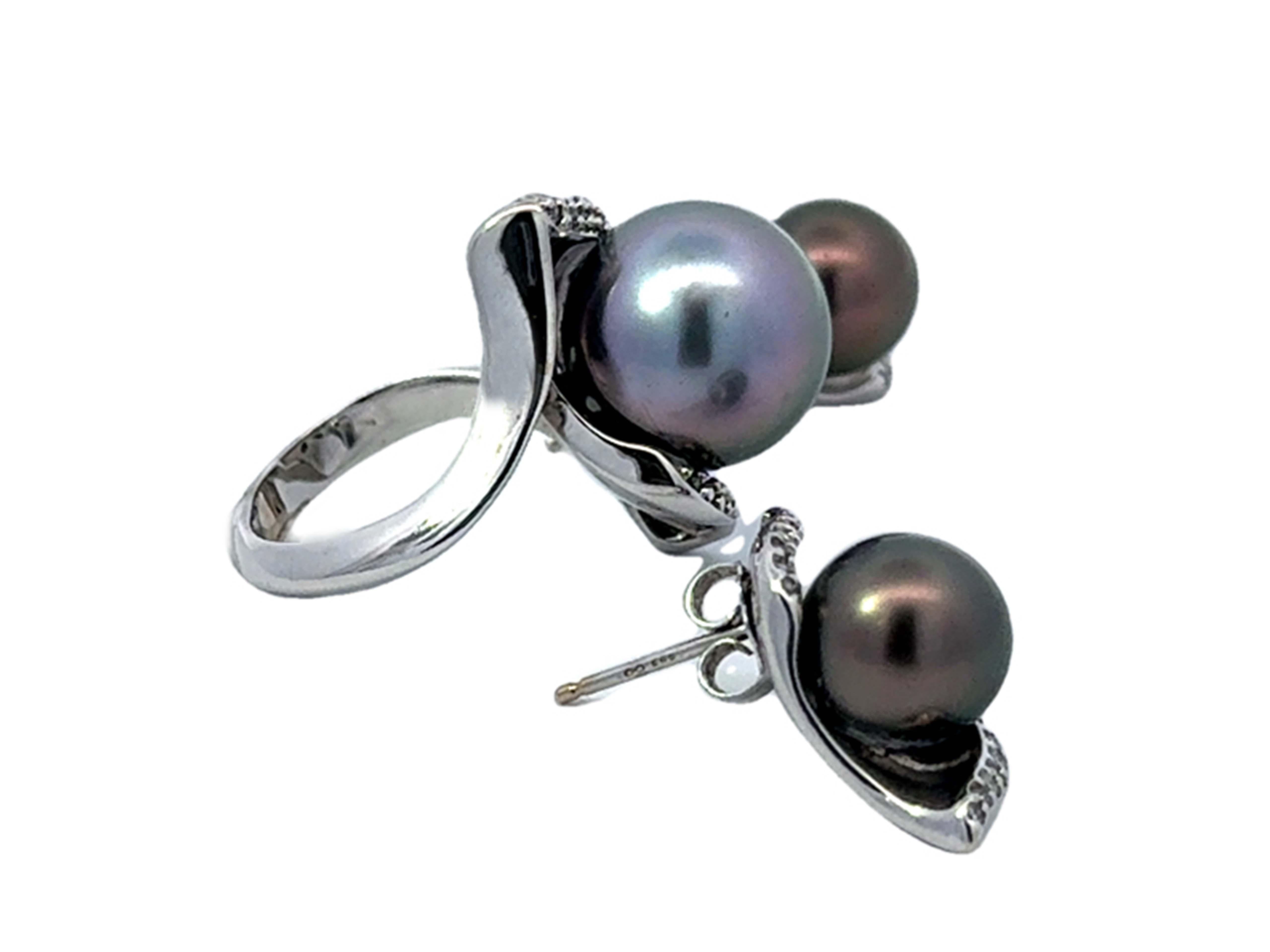Tahitian Pearl Diamond Ring and Matching Earrings Set 14K White Gold For Sale 3