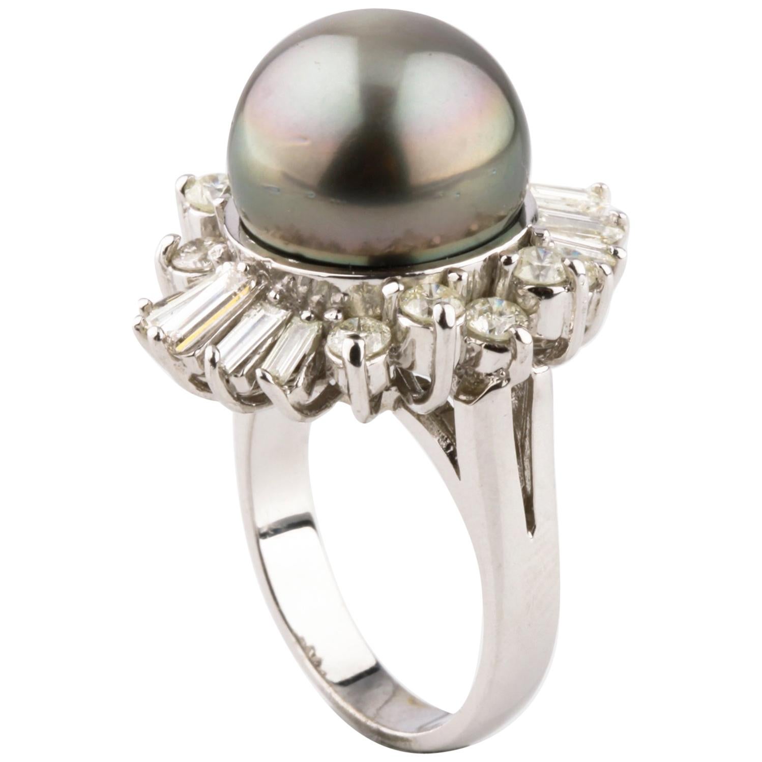 Tahitian Pearl and Diamond Ring Set in 14 Karat White Gold