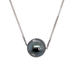 Tahitian Pearl Diamond Slider Pendant Necklace 13-14 MM 0.29 Carats 18K