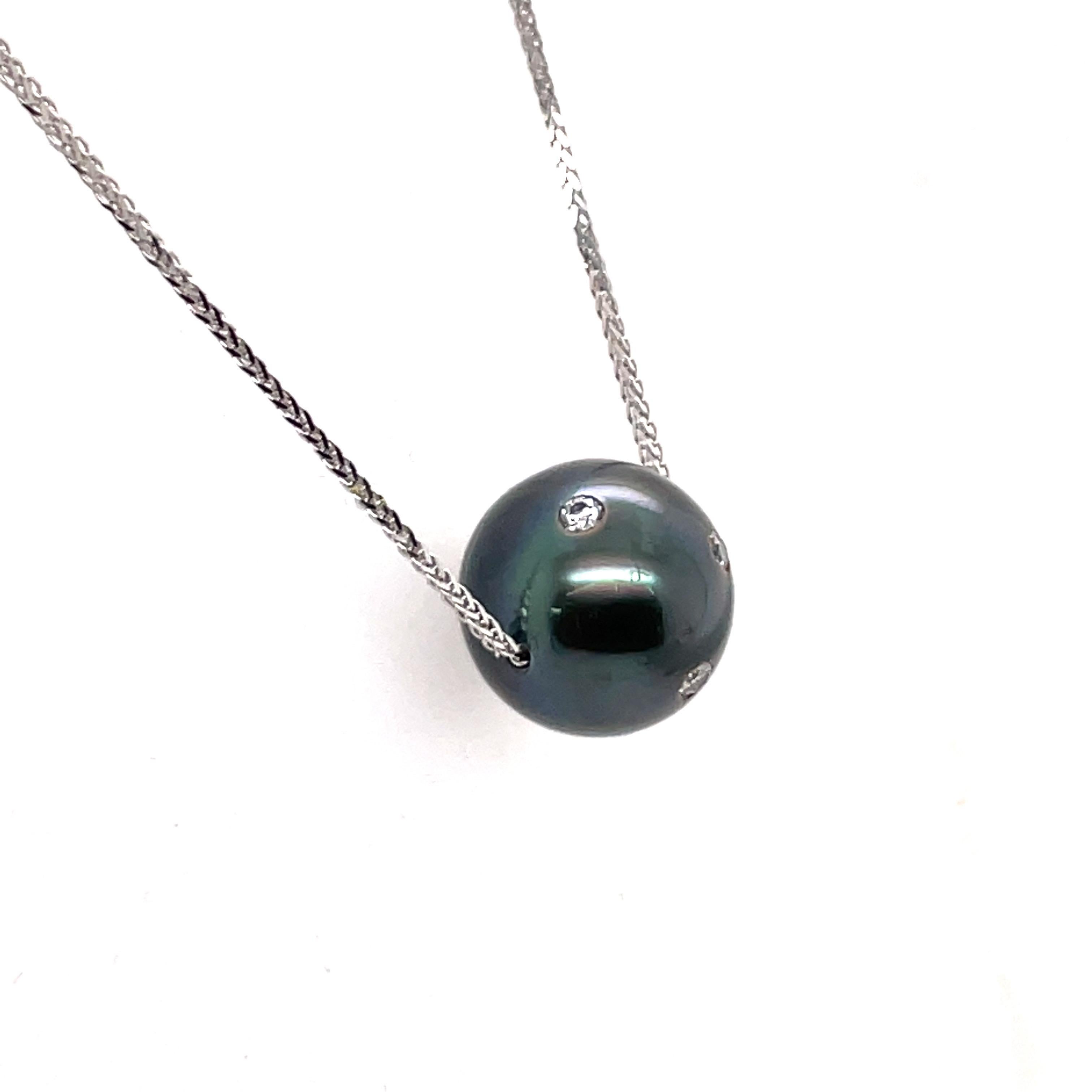 Contemporary Tahitian Pearl Diamond Slider Pendant Necklace 13-14 MM 0.29 Carats 18K For Sale