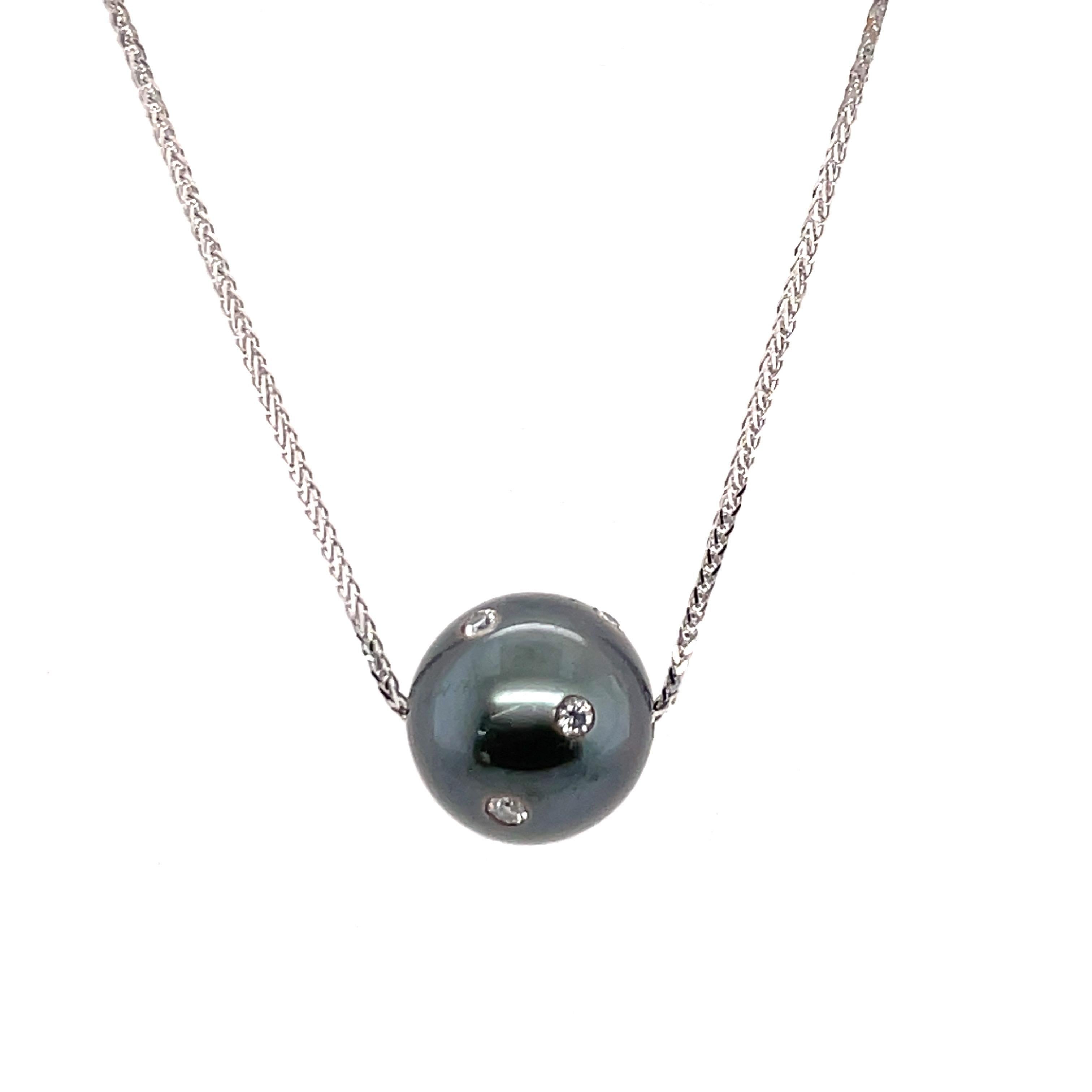 Round Cut Tahitian Pearl Diamond Slider Pendant Necklace 13-14 MM 0.29 Carats 18K For Sale
