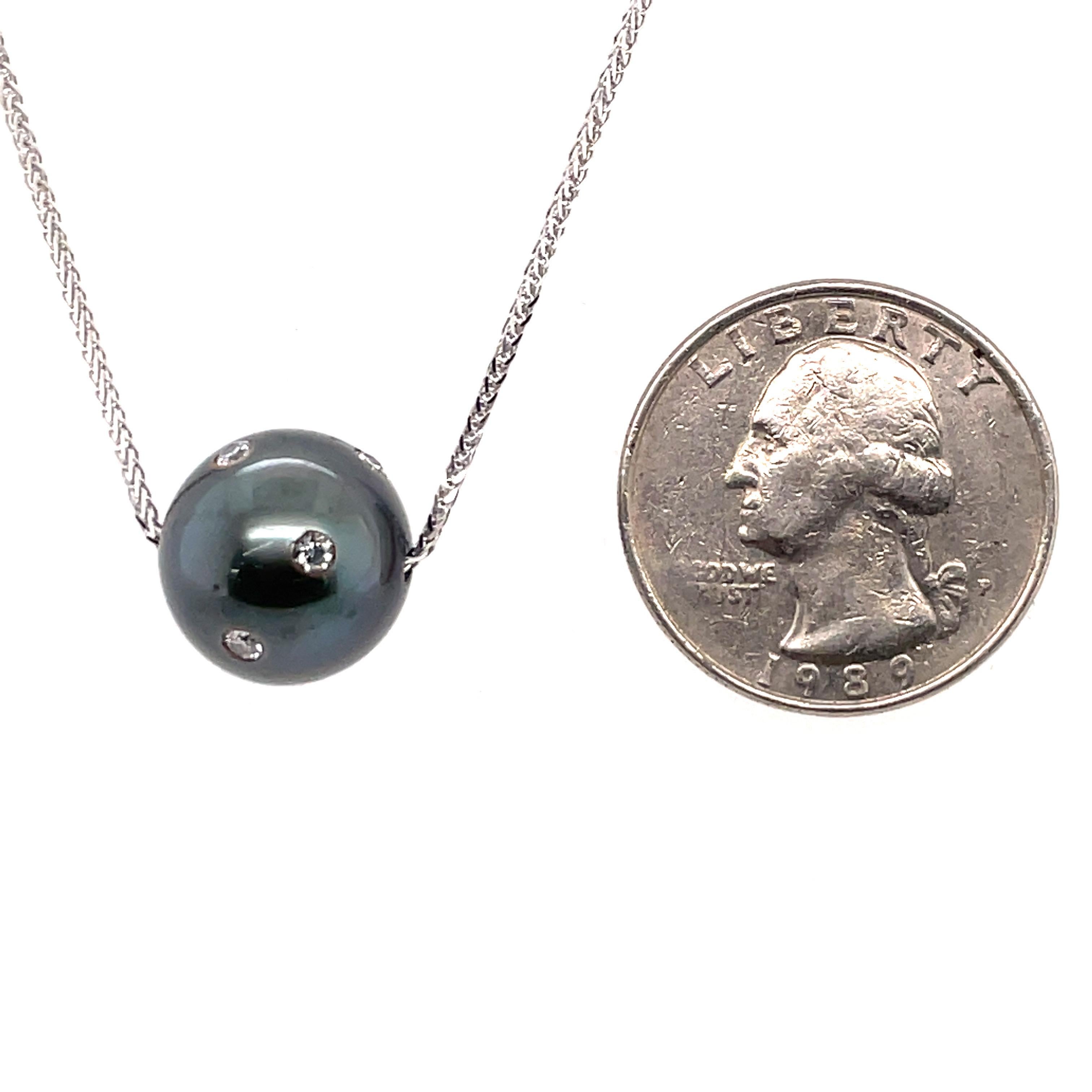 Tahitian Pearl Diamond Slider Pendant Necklace 13-14 MM 0.29 Carats 18K In New Condition For Sale In New York, NY