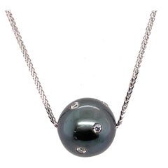 Tahitian Pearl Diamond Slider Pendant Necklace 13-14 MM 0.29 Carats 18K