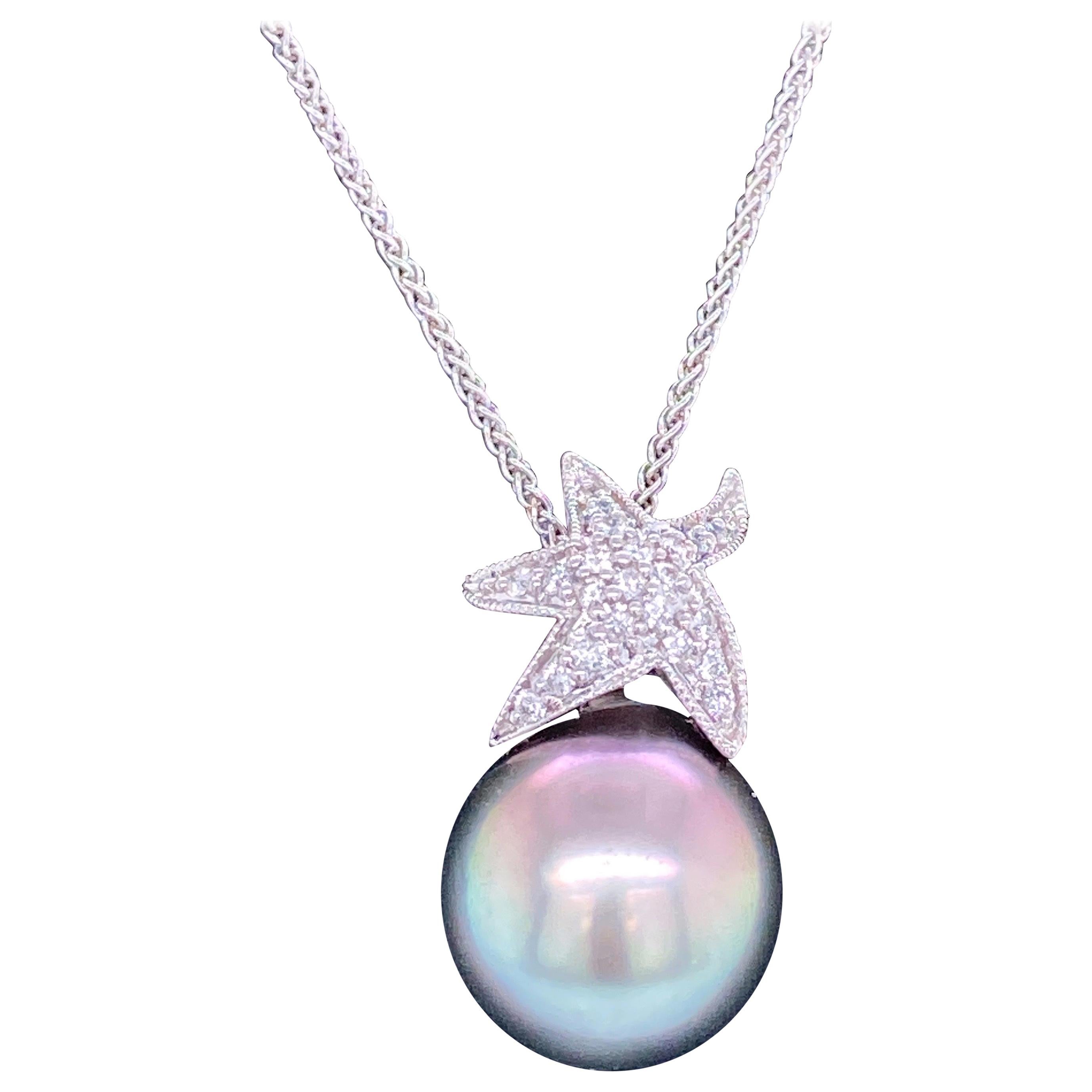 Tahitian Pearl Diamond Starfish Pendant Necklace 0.13 Carat 18 Karat White Gold