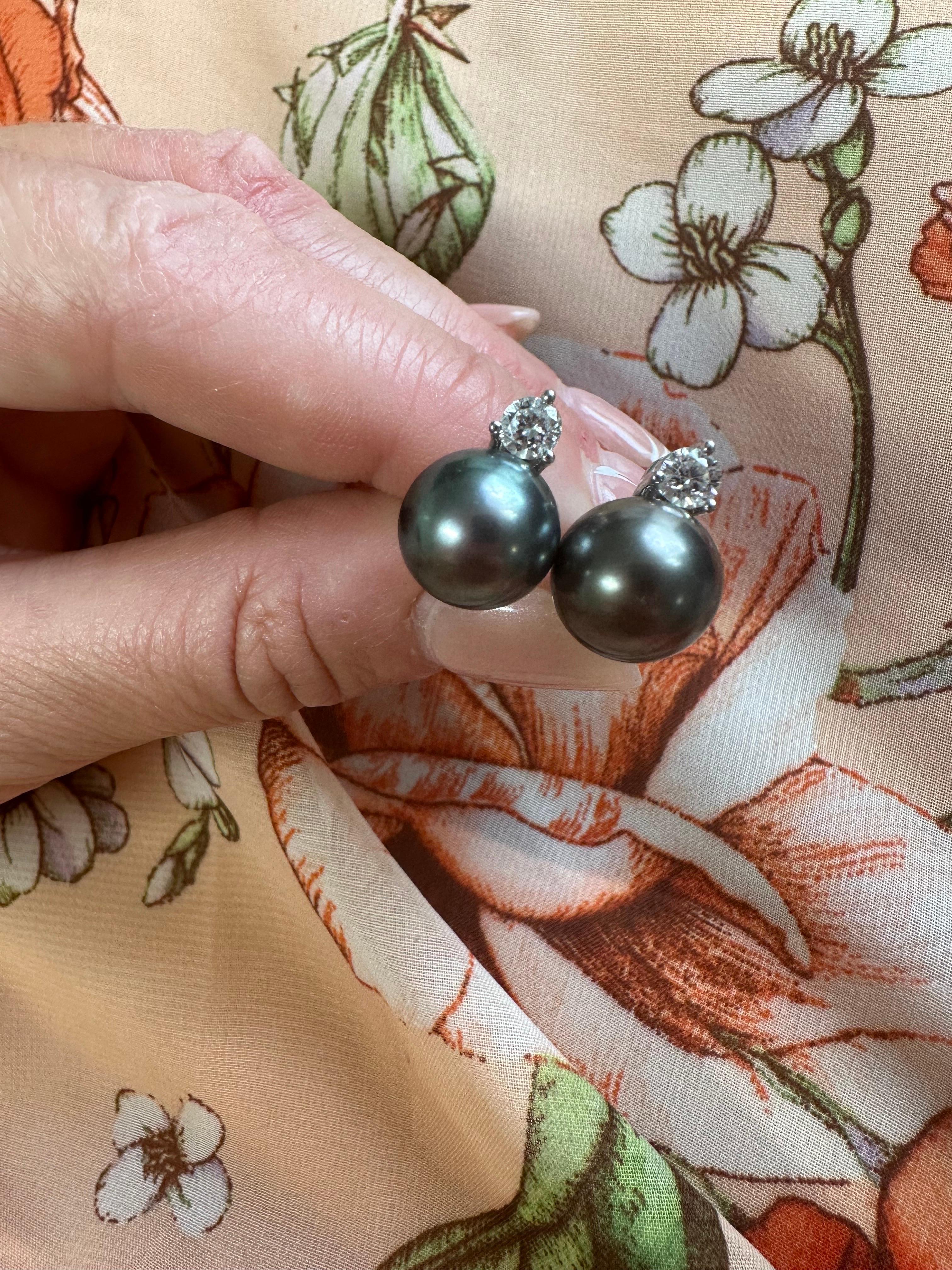 Tahitian Pearl Diamond Studs 18 Karat White Gold For Sale 2