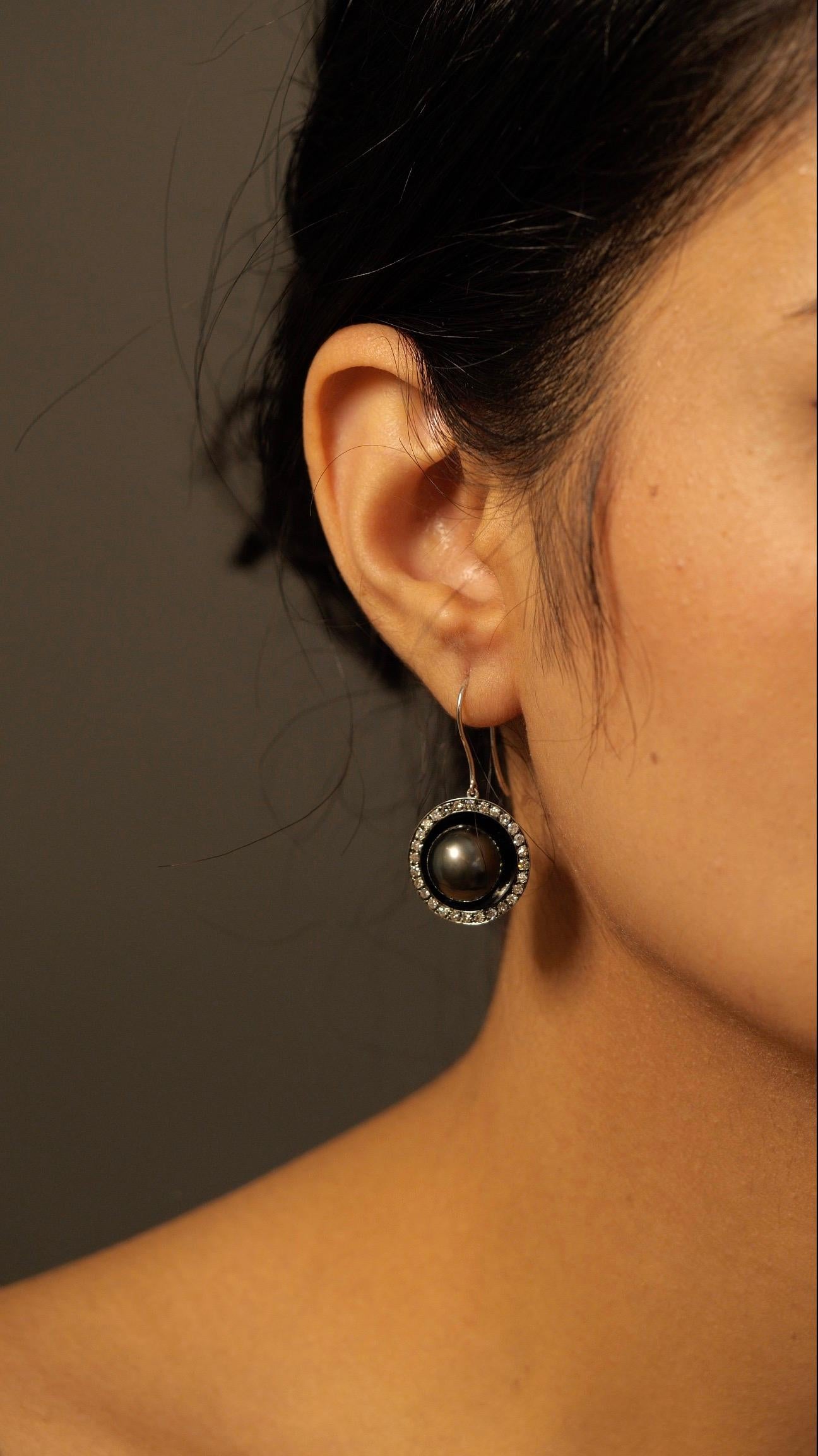 Modern Tahitian Pearl, Diamond, White Gold Dangle Earrings, in Stock For Sale