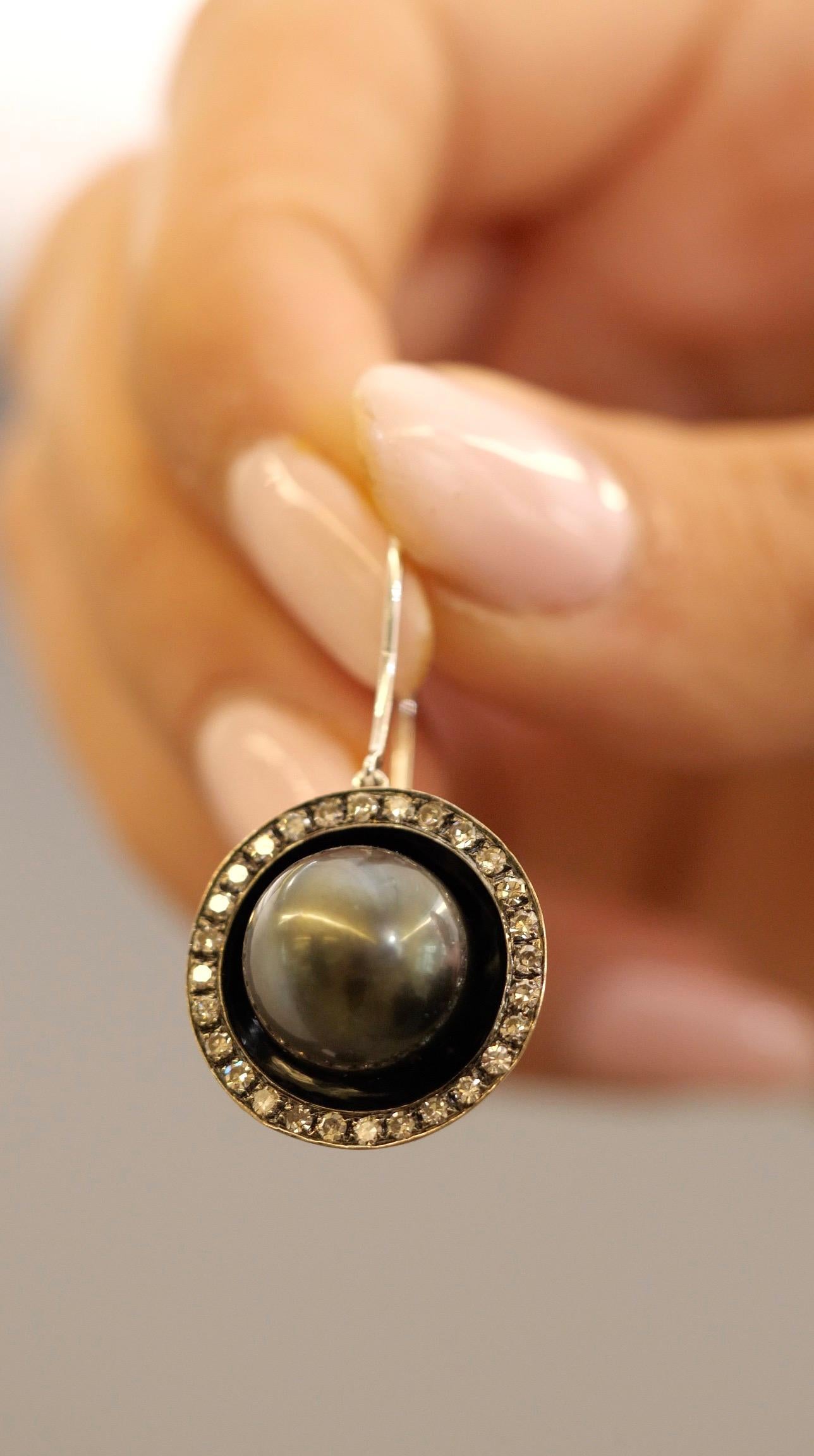 Tahitian Pearl, Diamond, White Gold Dangle Earrings, in Stock For Sale 1