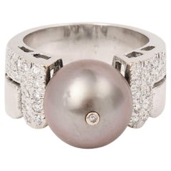 Tahitian Pearl Diamonds 18 Carats White Gold Ring