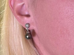 Tahitian Pearl Drop Dangly Diamond Earrings 14K White Gold