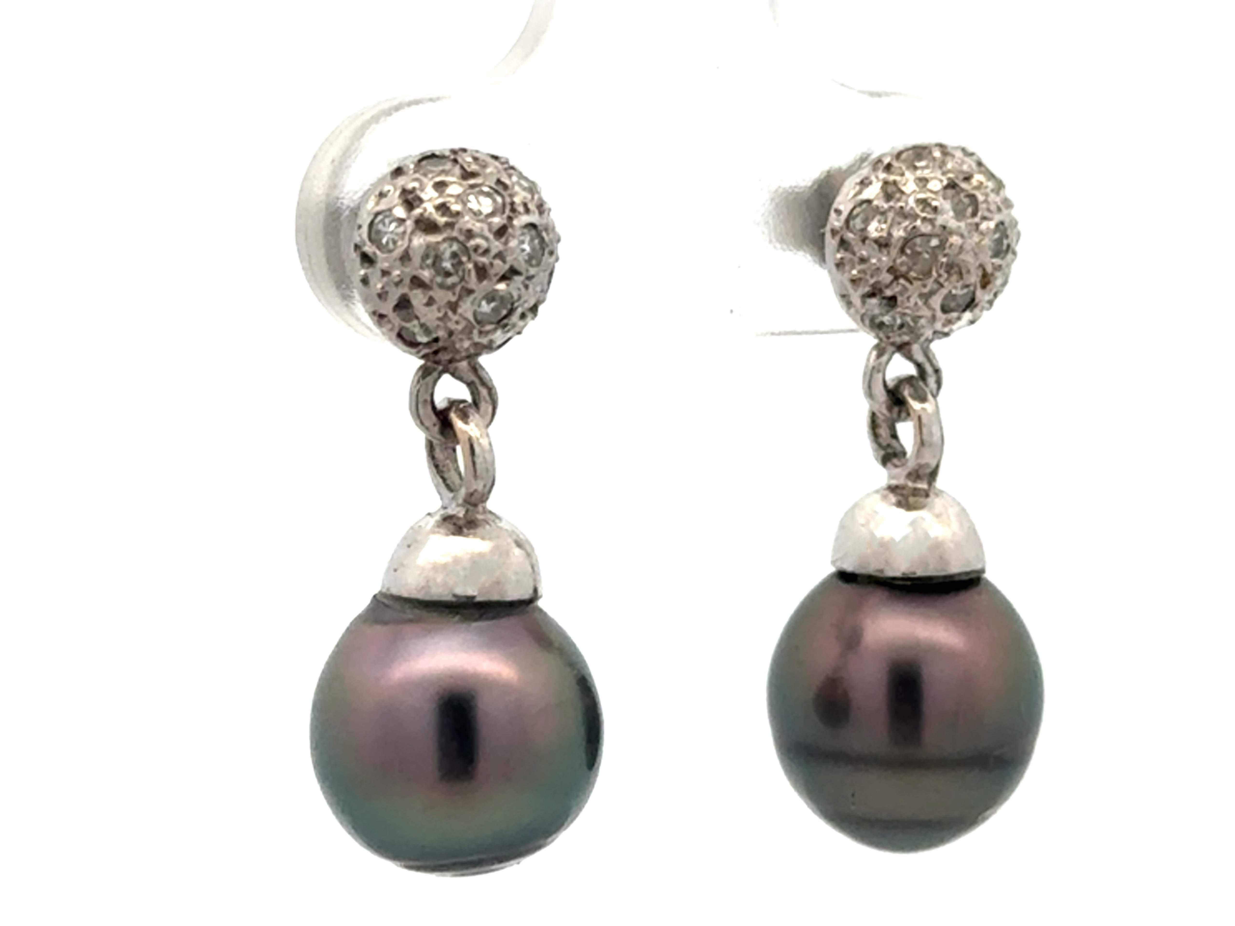 Modern Tahitian Pearl Drop Dangly Diamond Earrings 14K White Gold For Sale