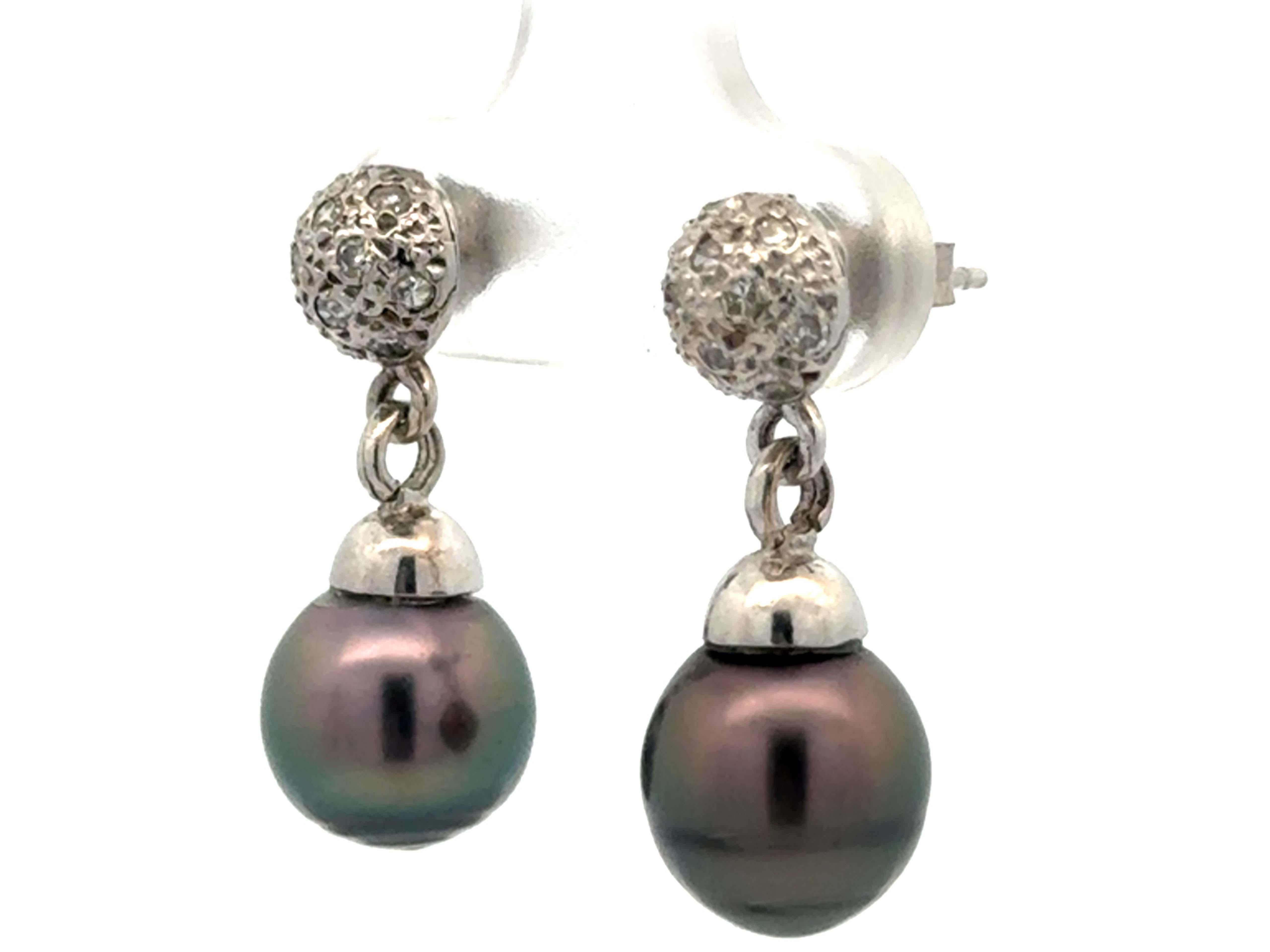 Round Cut Tahitian Pearl Drop Dangly Diamond Earrings 14K White Gold For Sale