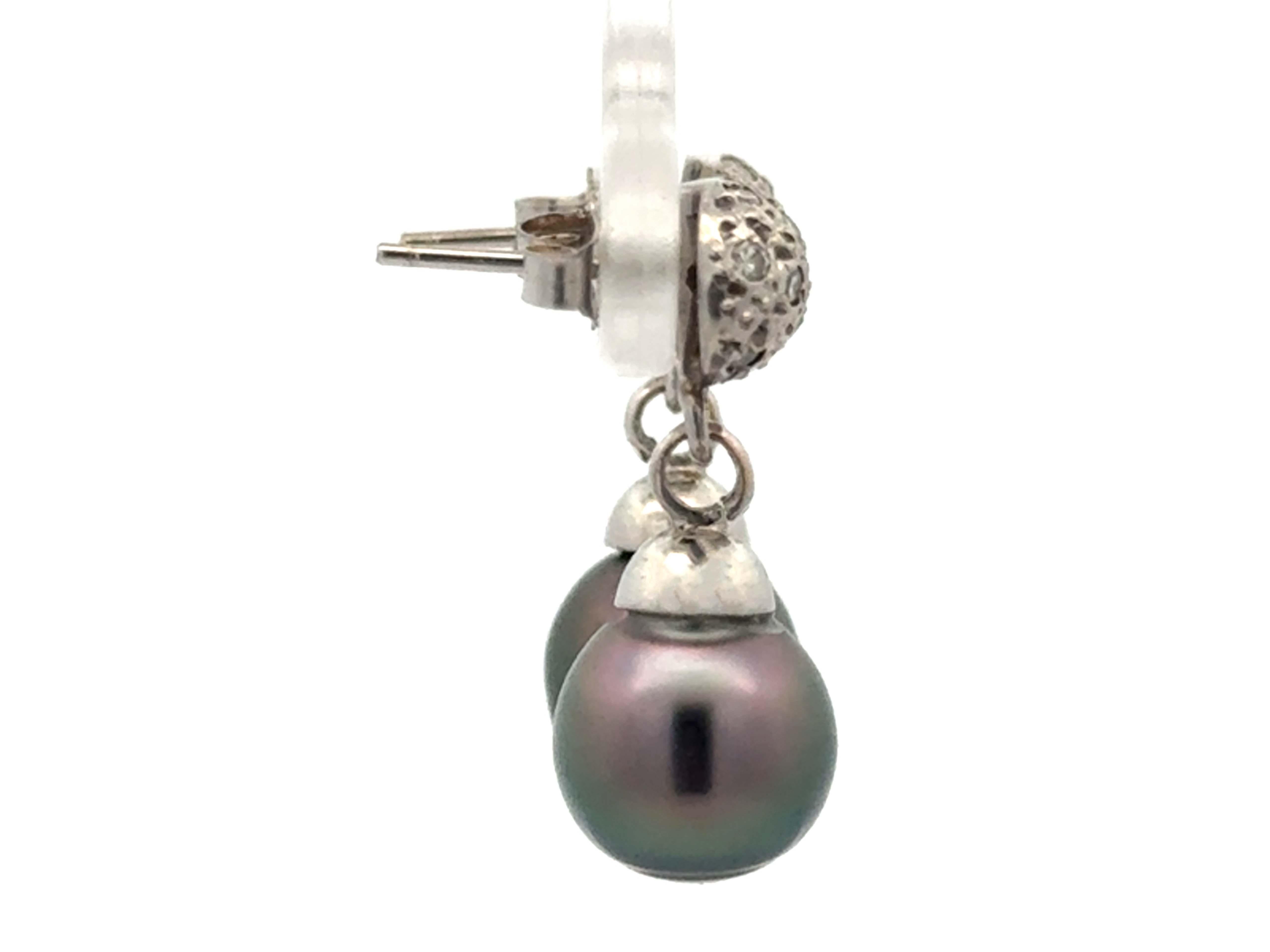 Tahitian Pearl Drop Dangly Diamond Earrings 14K White Gold In Excellent Condition For Sale In Honolulu, HI