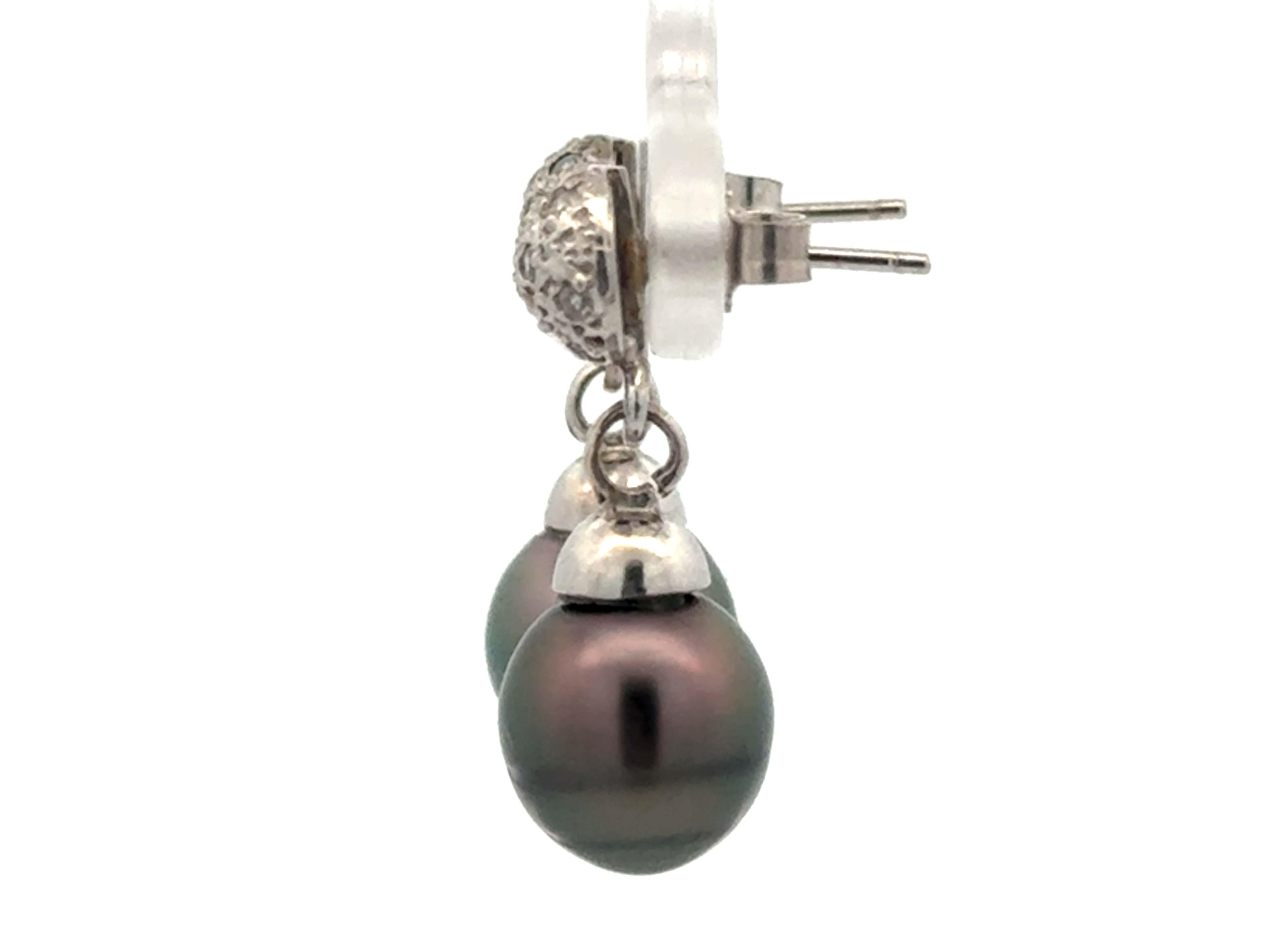Women's Tahitian Pearl Drop Dangly Diamond Earrings 14K White Gold For Sale