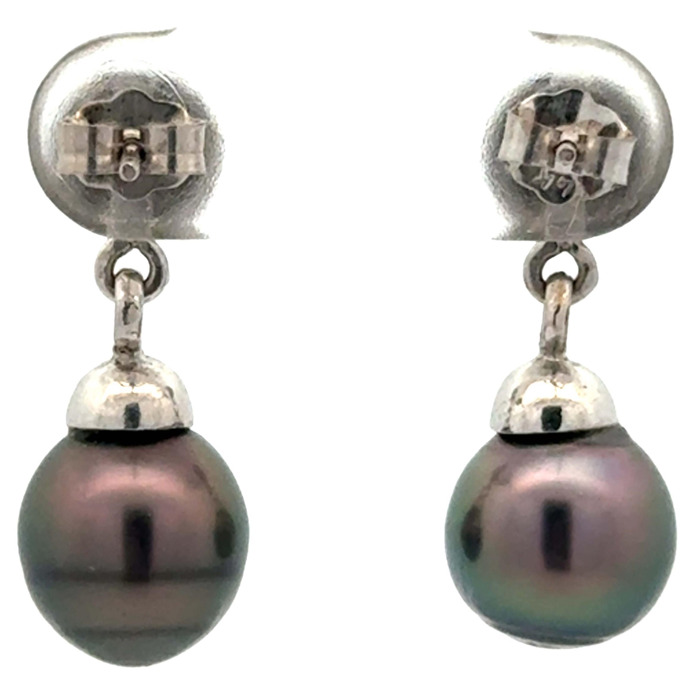 Tahitian Pearl Drop Dangly Diamond Earrings 14K White Gold For Sale 1