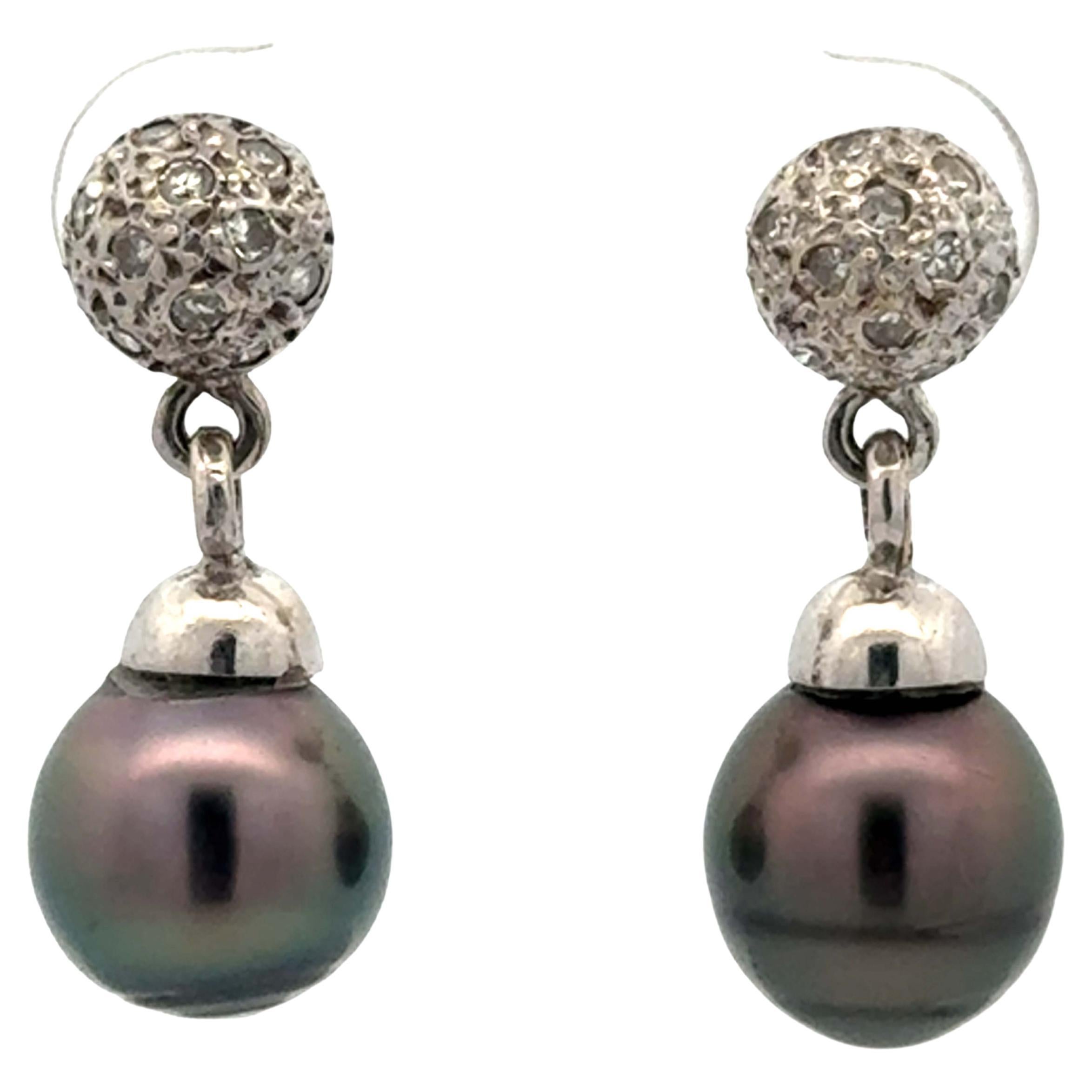 Tahitian Pearl Drop Dangly Diamond Earrings 14K White Gold