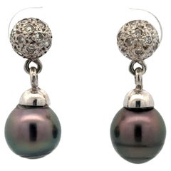 Tahitian Pearl Drop Dangly Diamond Earrings 14K White Gold