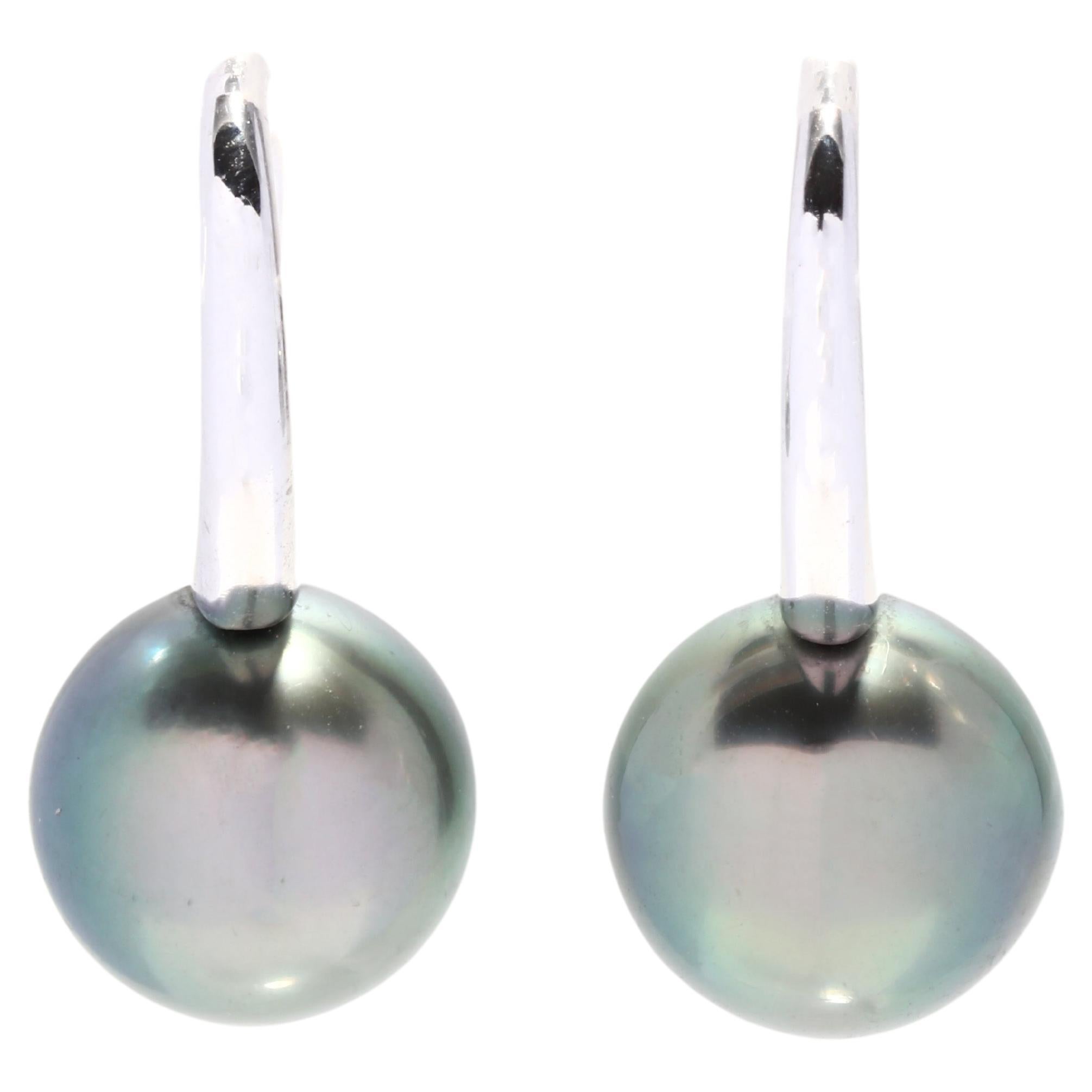 Tahitian Pearl Drop earrings, 18K White Gold, Length 5/8 Inch, Simple Pearl 