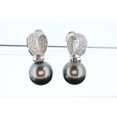 Tahitian Pearl Earrings. 18k Large Black TAHITIAN Pearls With In and Out Pave