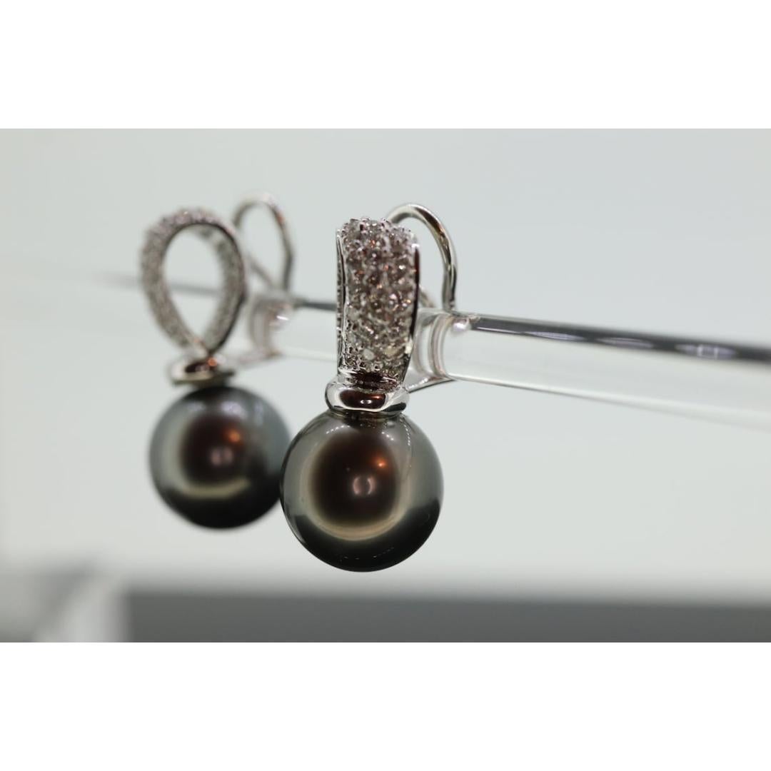 Tahitian Pearl Earrings. 18k Large Black TAHITIAN Pearls With In and Out Pave For Sale 2