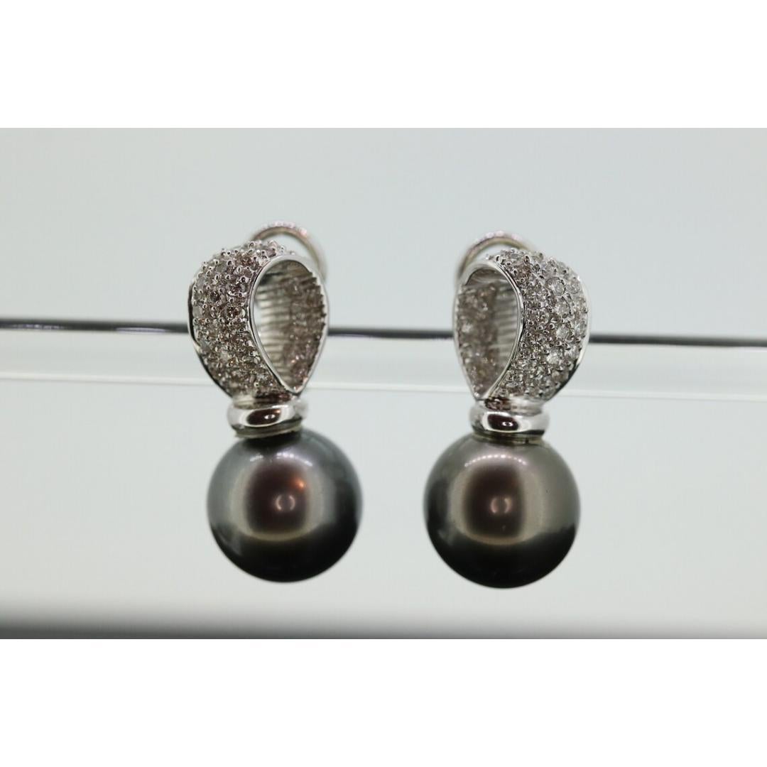 Tahitian Pearl Earrings. 18k Large Black TAHITIAN Pearls With In and Out Pave For Sale 4