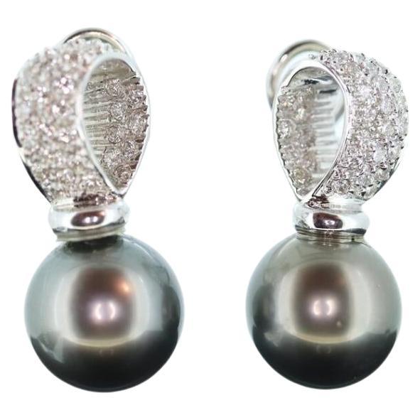 Tahitian Pearl Earrings. 18k Large Black TAHITIAN Pearls With In and Out Pave For Sale
