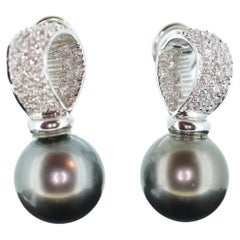 Tahitian Pearl Earrings. 18k Large Black TAHITIAN Pearls With In and Out Pave