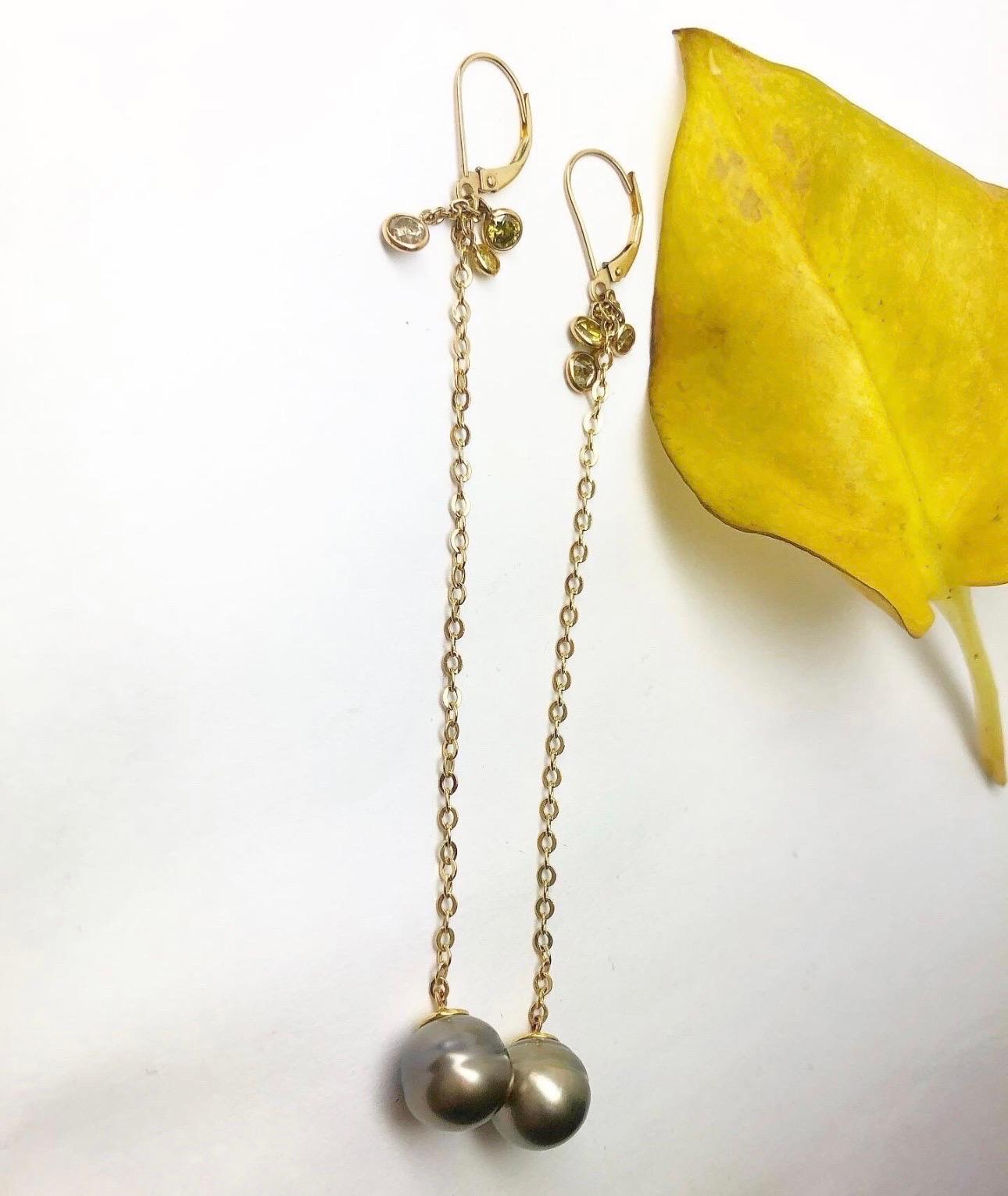 Brilliant Cut Tahitian pearl earrings extra long at 4 inches 18KT gold diamond pearl earrings For Sale