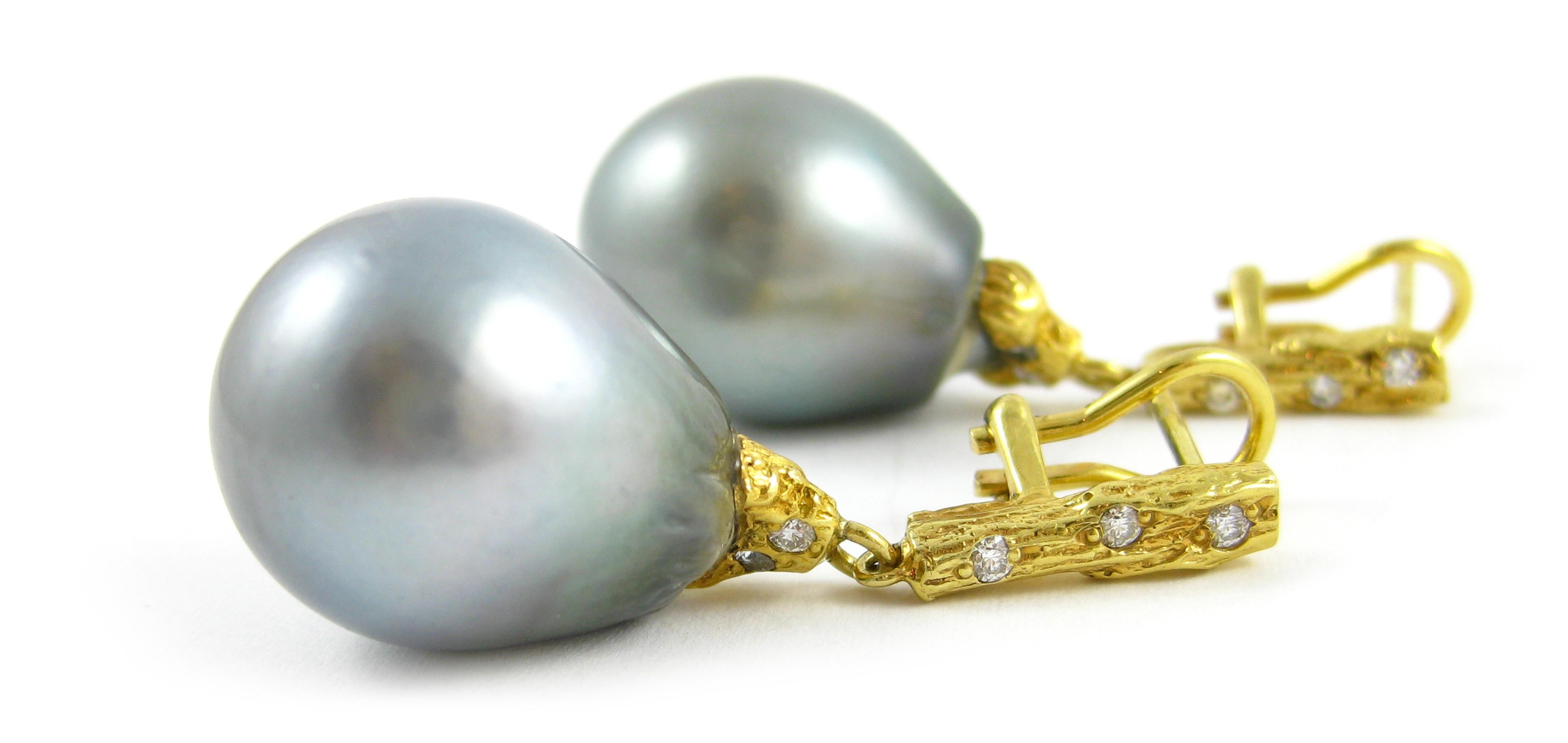 Brilliant Cut Tahitian Pearl Earrings in Yellow Gold with Diamonds For Sale
