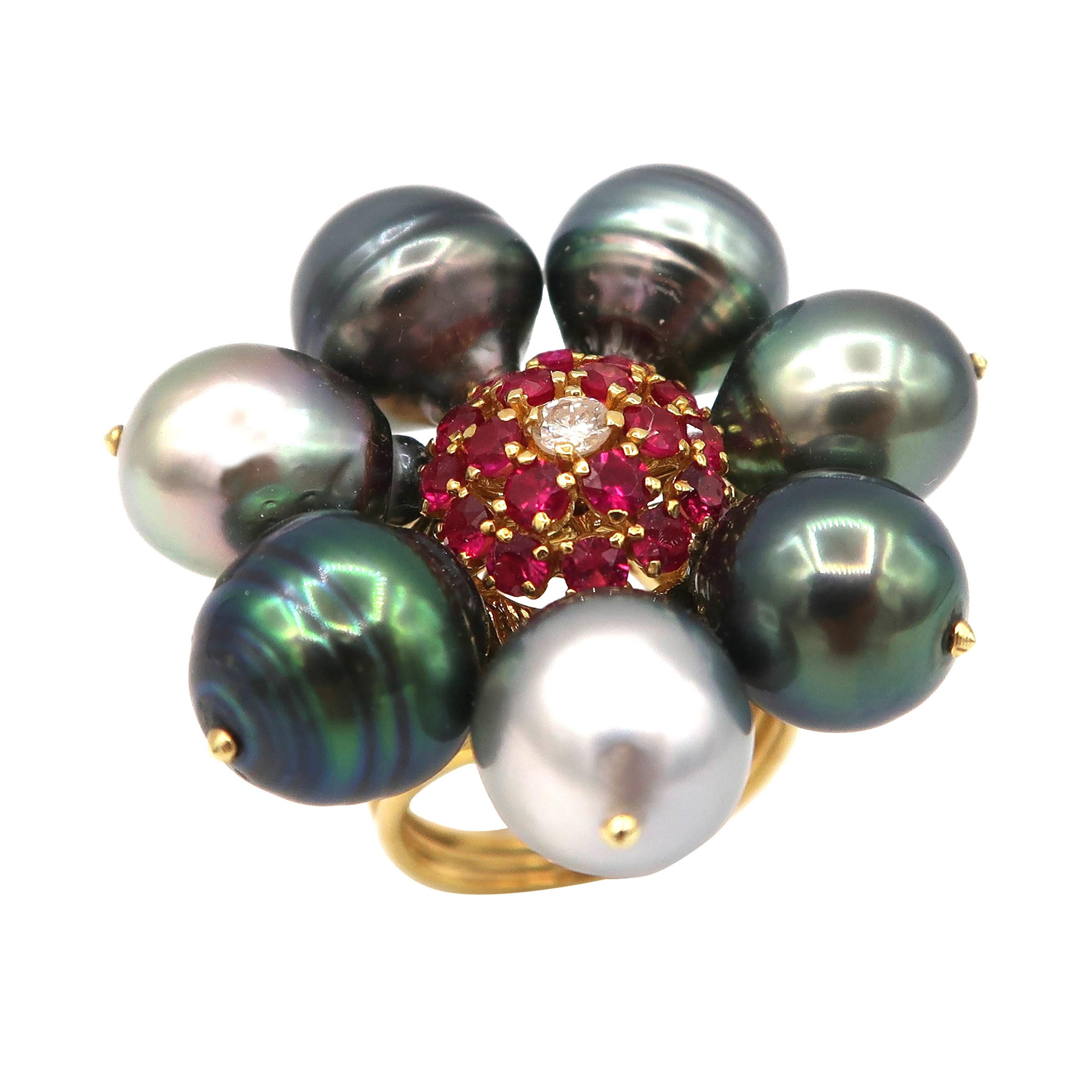 Tahitian Pearl Flower Clustered 18K Yellow Gold Ring with Ruby Diamond Pollen For Sale