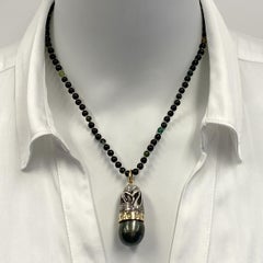 Tahitian Pearl Fob with 18K Gold & Diamond Bezel Topped by Sterling Swan Thimble