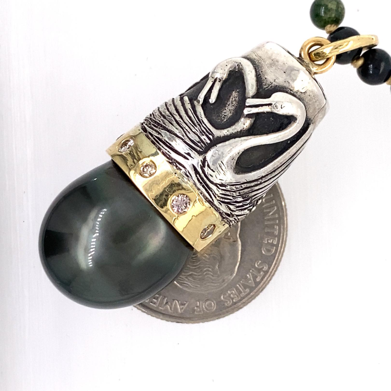 Contemporary Tahitian Pearl Fob with 18K Gold & Diamond Bezel Topped by Sterling Swan Thimble For Sale