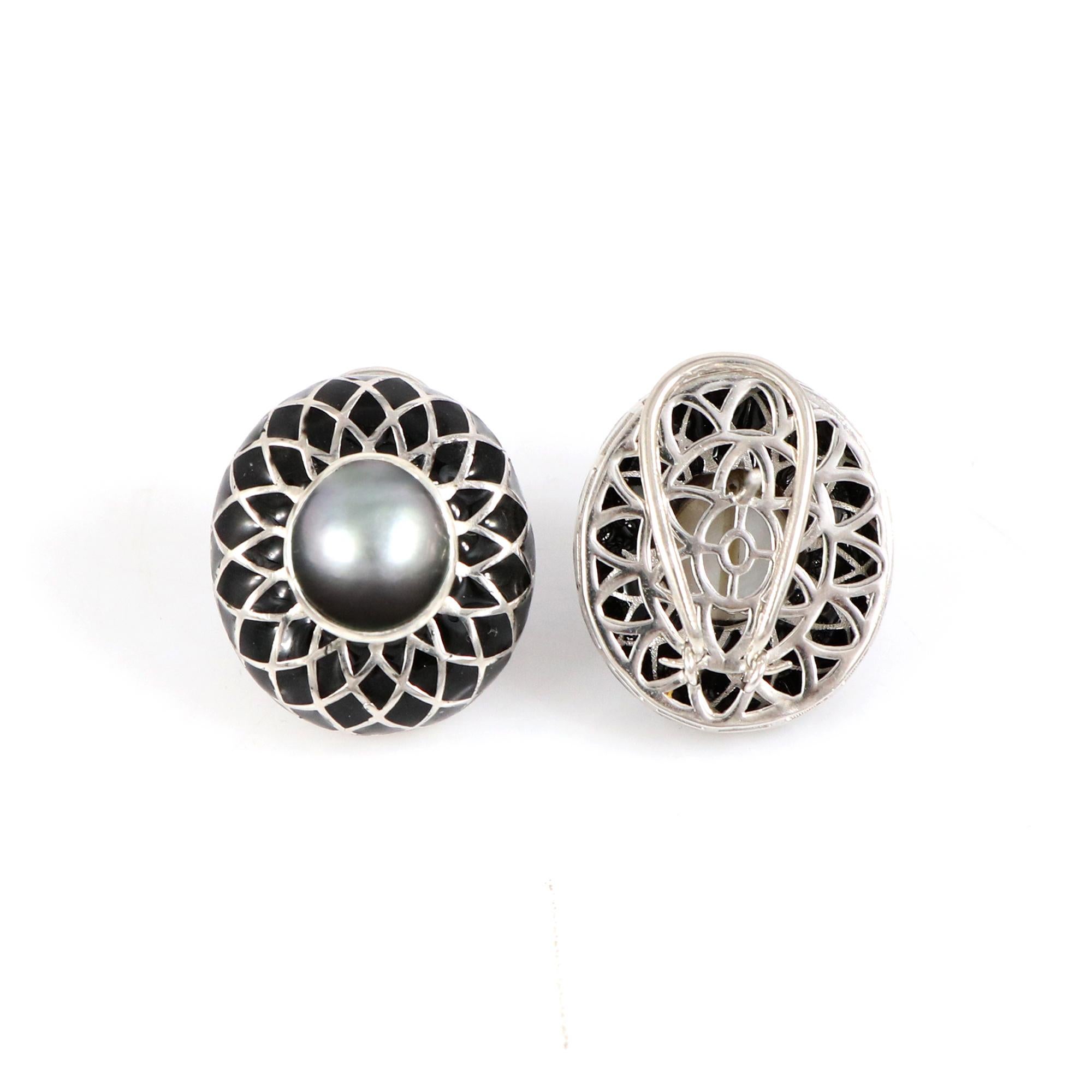 Cabochon Tahitian Pearl French Enamel Studs For Sale