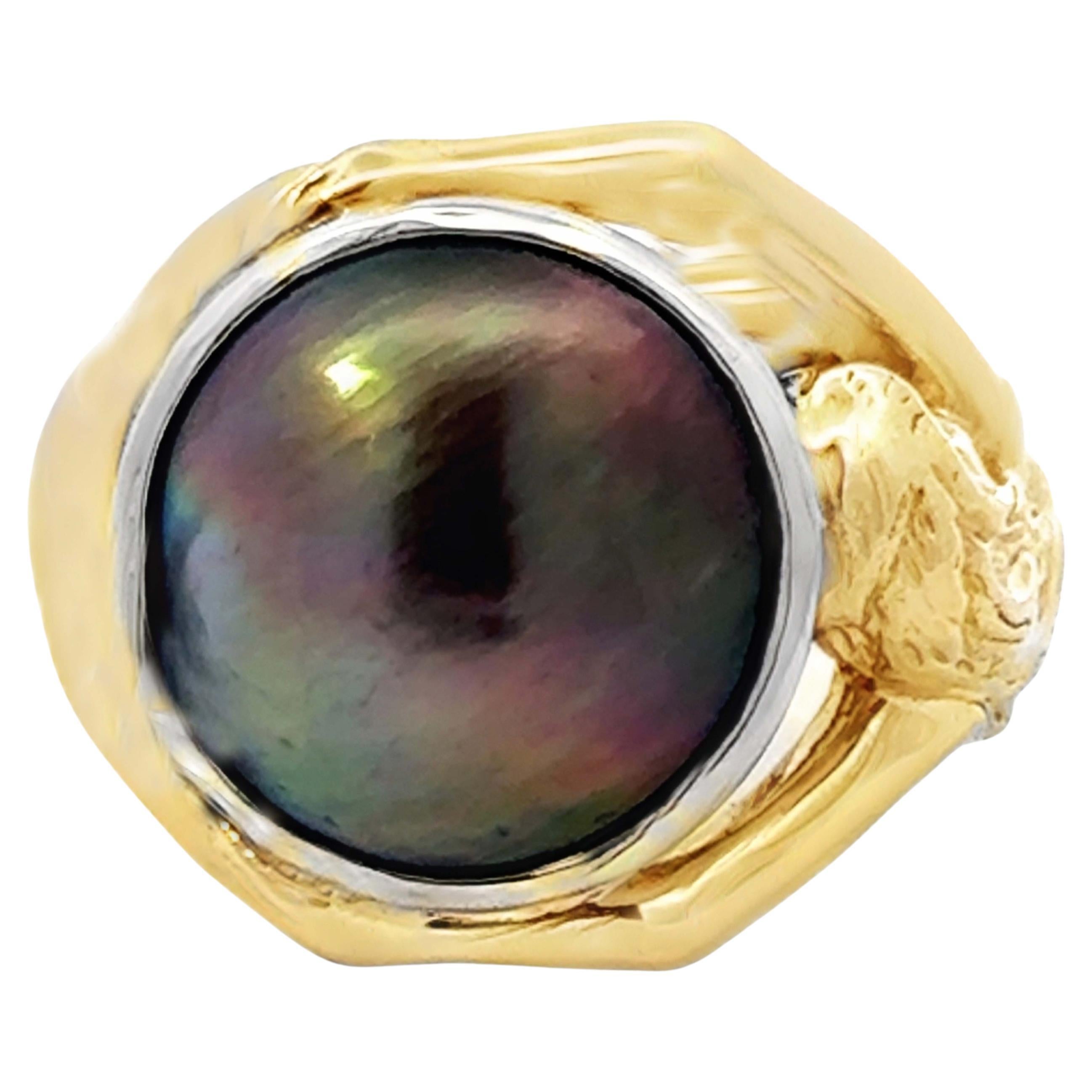 Anillo Ojo de Diamante Sirena Perla de Tahití Oro Amarillo 14K