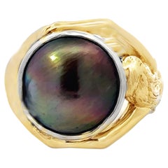 Tahitian Pearl Mermaid Diamond Eye Ring 14K Yellow Gold