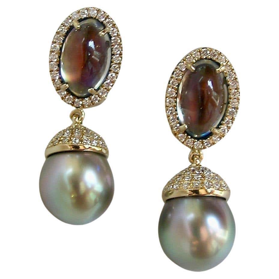 Shanghai Tahitian Pearl Diamond Gold Earrings at 1stDibs