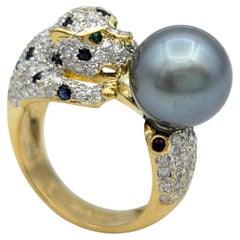 Tahitian Pearl, Multi Gemstone & Diamond Panther Ring in 18 Karat Yellow Gold