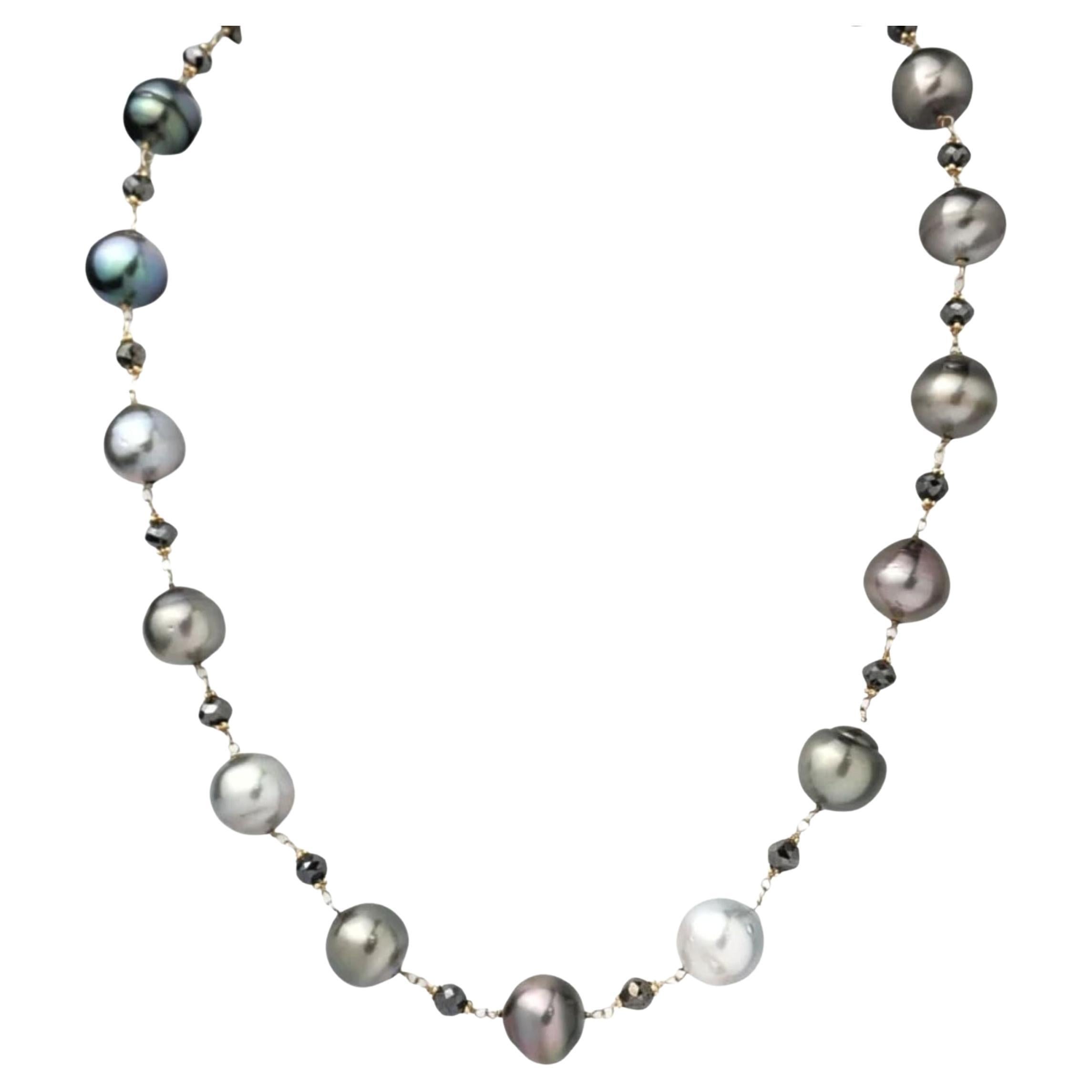 18" Tahitian Pearl & Natural Black Diamond(14.00ct) Necklace in 14K Yellow Gold