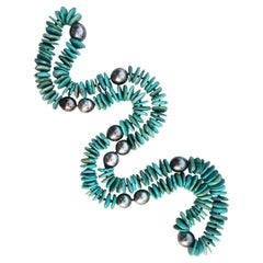 Tahitian Black Pearl and Green Turquoise Necklace