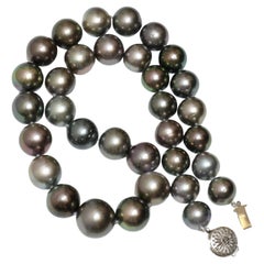Tahitian Pearl Necklace 16 - 12 mm 14k Gold 19" Natural Black with Overtones