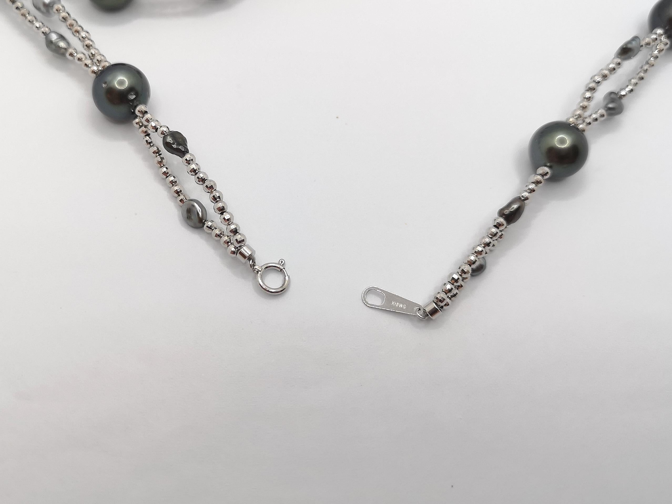 Uncut Tahitian Pearl Necklace Set in 18 Karat White Gold Settings For Sale