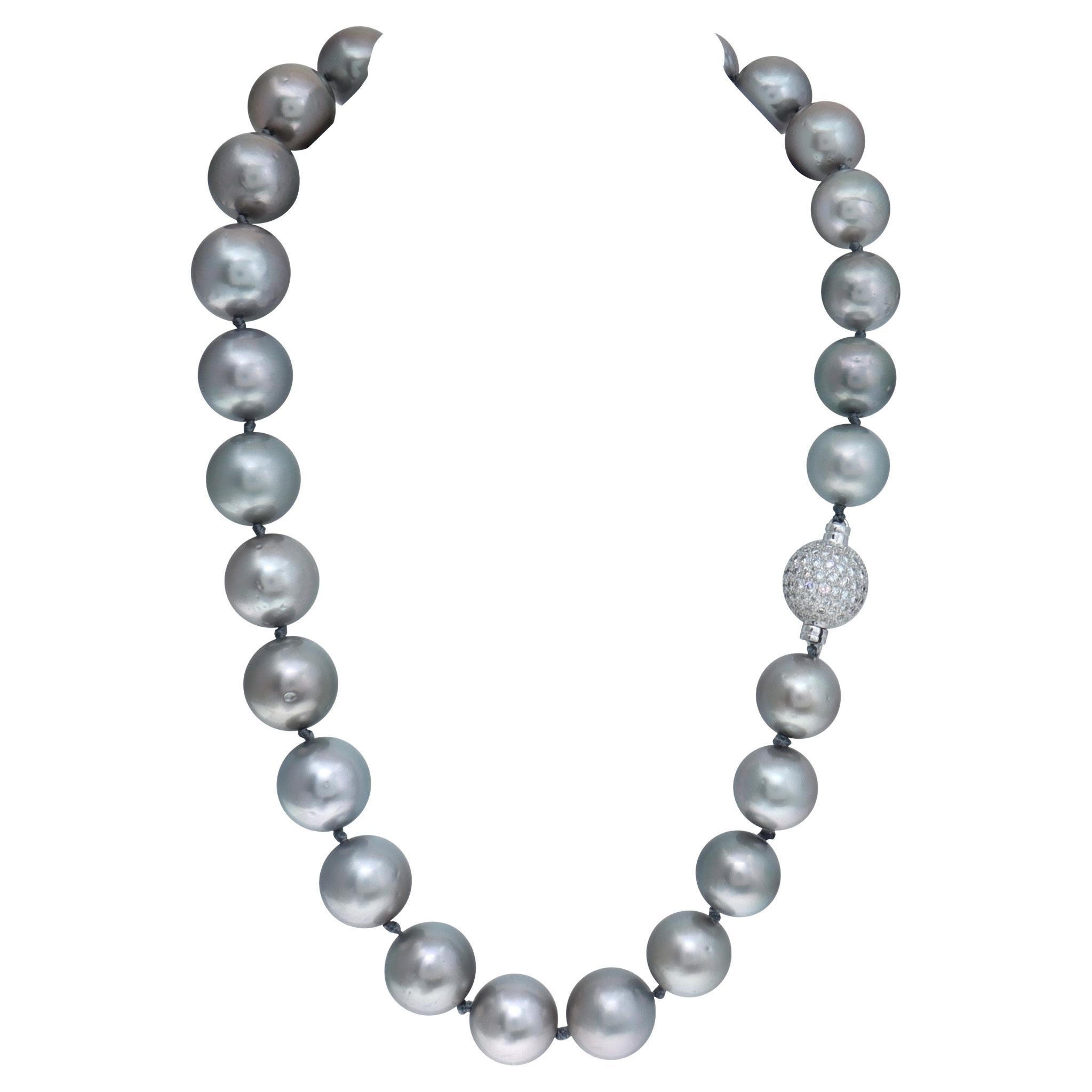 Tahitian pearl necklace with pave diamonds ball clasp in 18K white gold