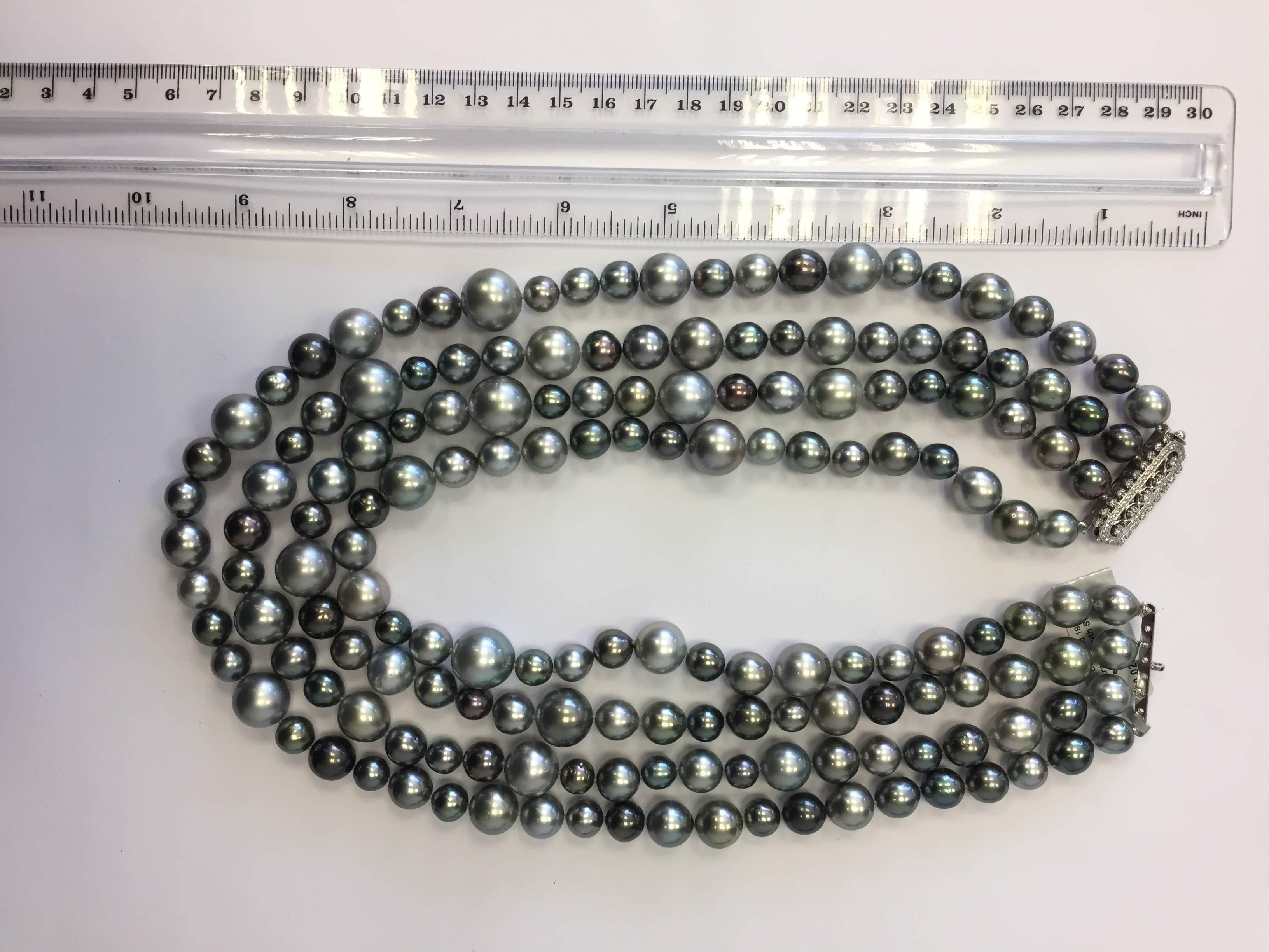 Tahitian Pearl Necklace with White Diamond Clasp in 18 Karat White Gold In New Condition In Los Angeles, CA
