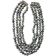 Tahitian Pearl Necklace with White Diamond Clasp in 18 Karat White Gold