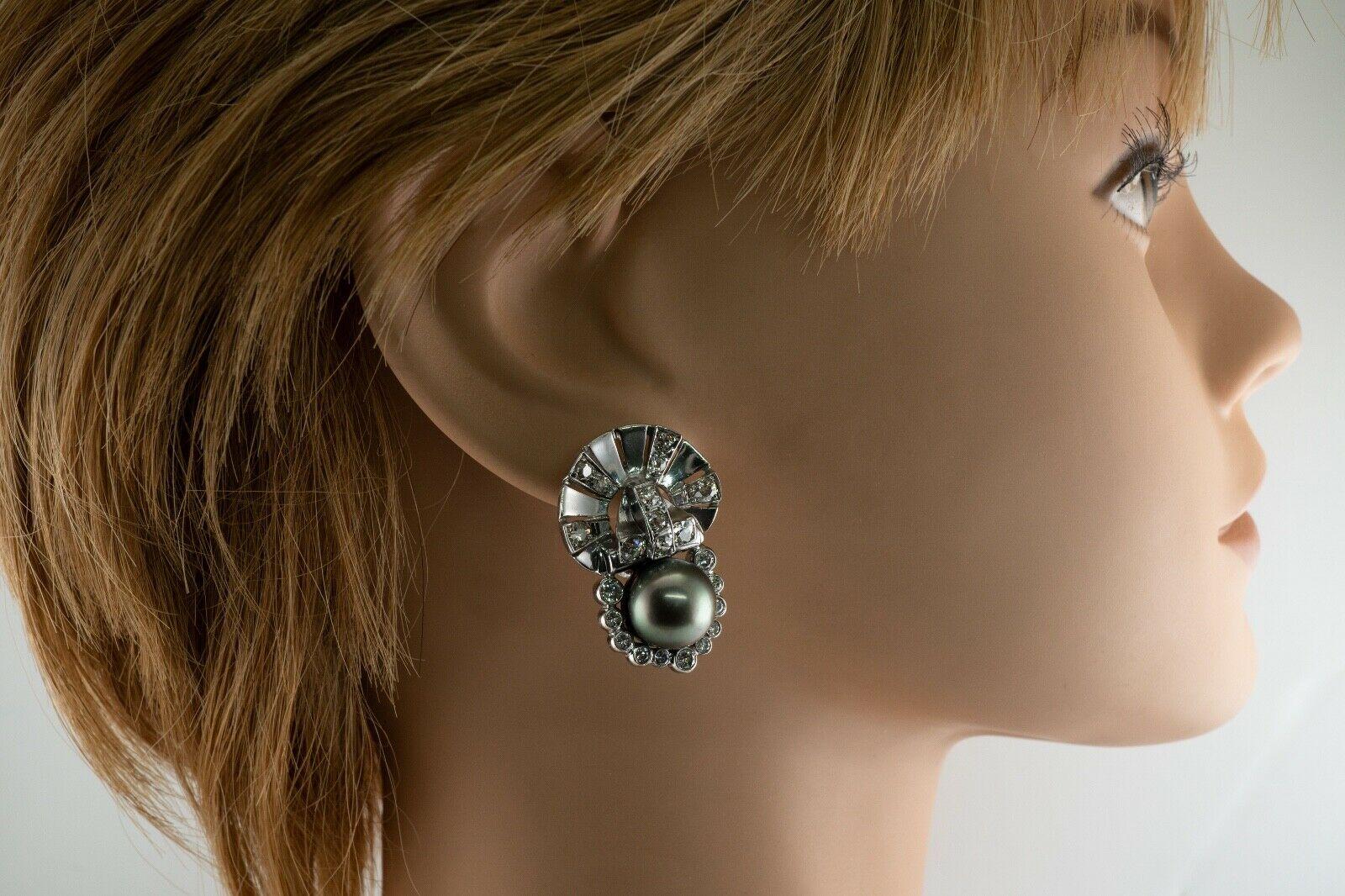 Tahitian Pearl Old Mine cut Diamond Earrings 14K White Gold Art Deco For Sale 4