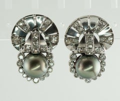 Tahitian Pearl Old Mine cut Diamond Earrings 14K White Gold Art Deco